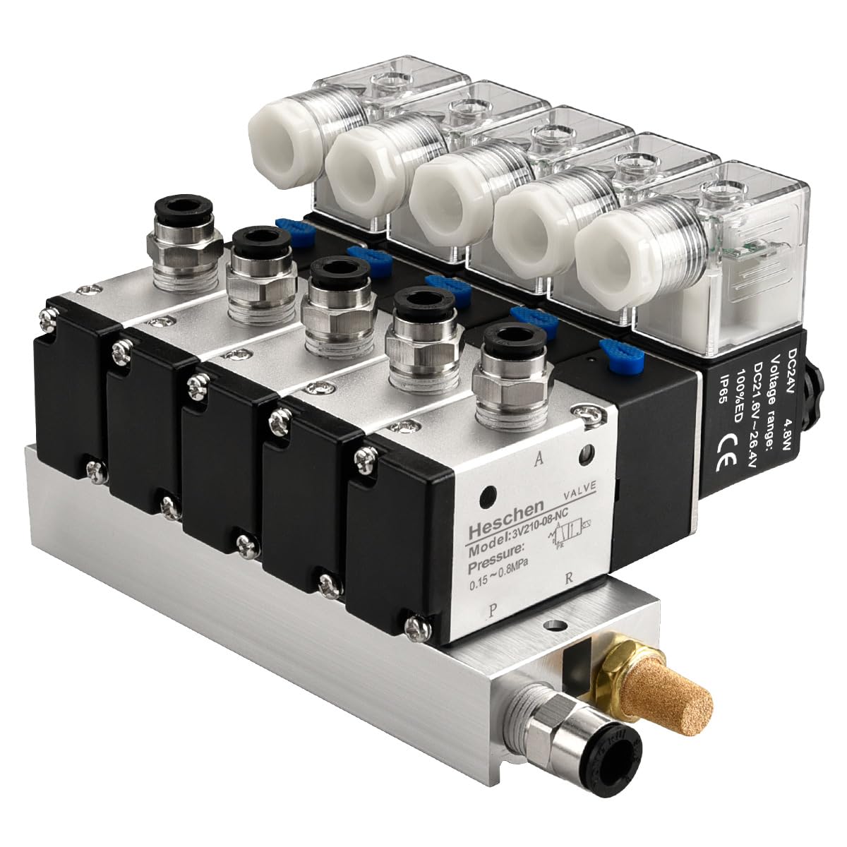 Heschen Válvula solenoide neumática eléctrica 5, 3V210-08, DC24V, PT1/4, 3/2 vías, conjunto de accesorios rápidos de silenciador base colector