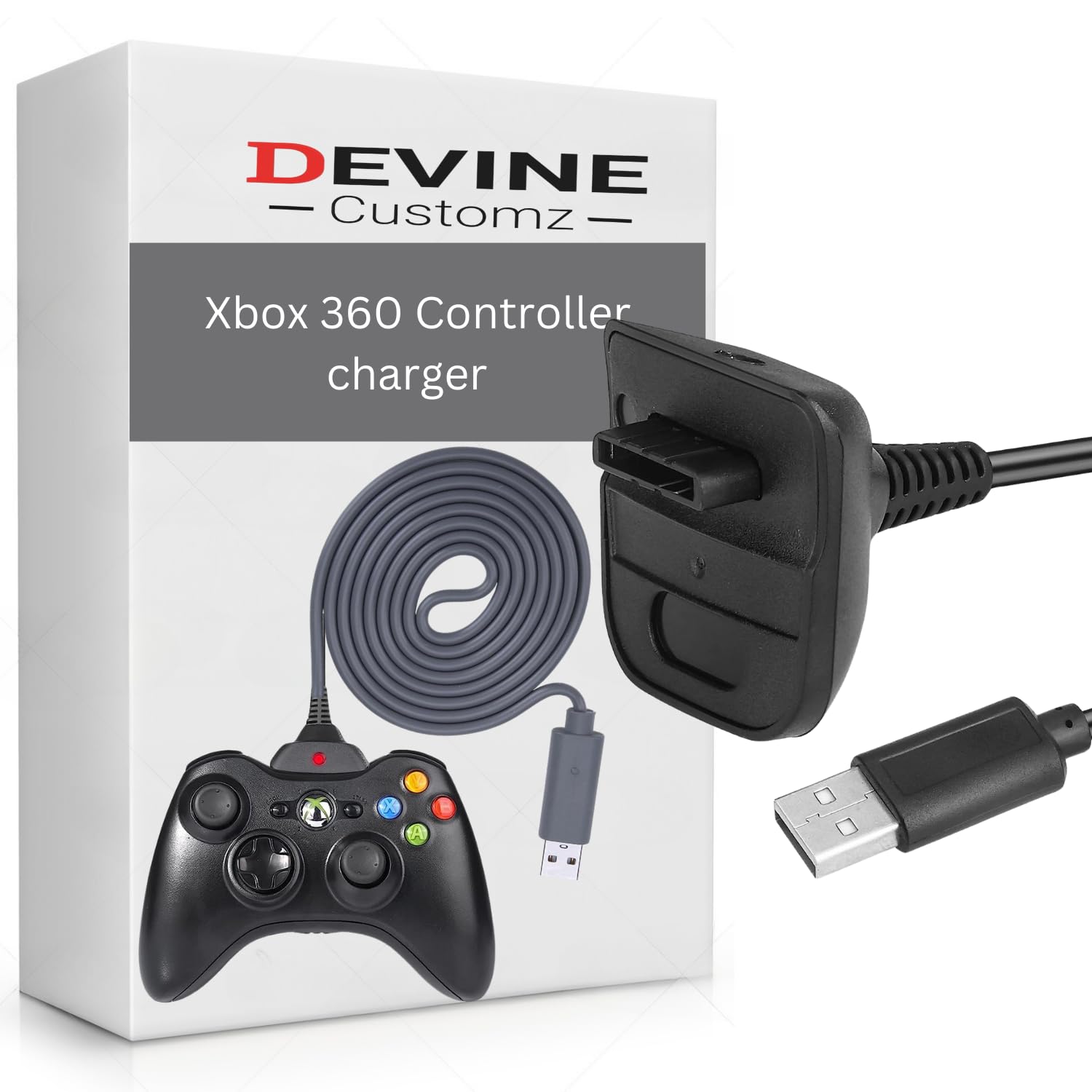 DevineCustomz® Charging Cable for Xbox 360 Controller - 1.8m Wear-Resistant USB Lead for Microsoft Xbox 360 Gamepad White/Grey (Black)