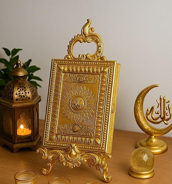 Golden Quran Holder with Ornate Stand, Islamic Decor, Gold Finish, Decorative Book Display-image-38