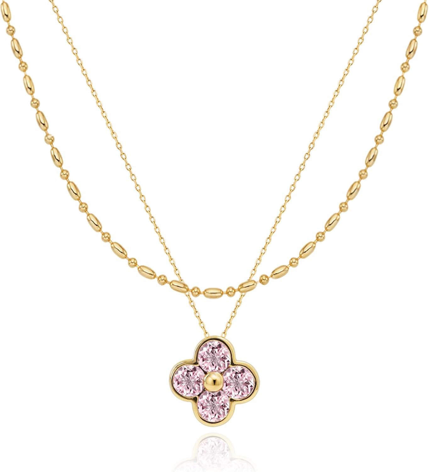 Layered Necklace for Women, 2 Strand Stainless Steel Chains with Clover, Butterfly or Heart Pendant, Dainty Fashion Jewelry Gift