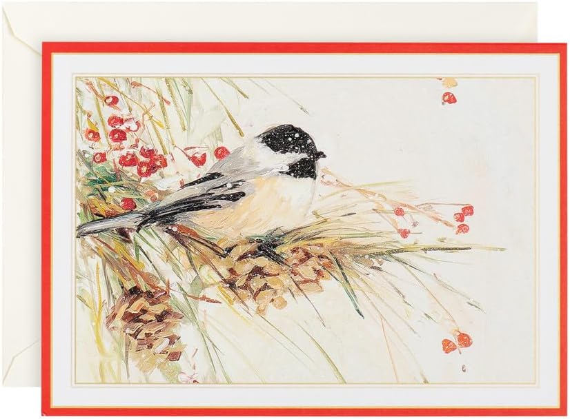 Chickadee on Pine Branch Small Boxed Christmas Cards - 16 Cards & 16 Envelopes