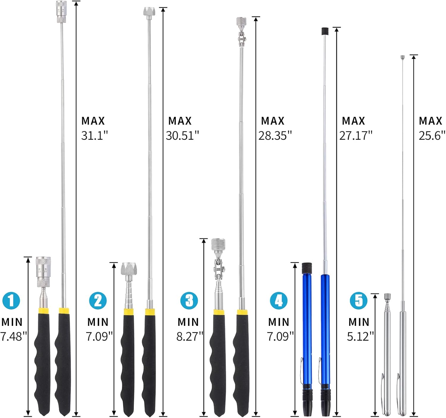 35 LBs Telescoping Magnetic Sweeper Bundle 5 Pieces Magnetic Pickup Tool Set, 1.5, 15 LB, 3.5 & 8 LBs with LED Lights, 10 LBs 360-Degree Swivel Stick