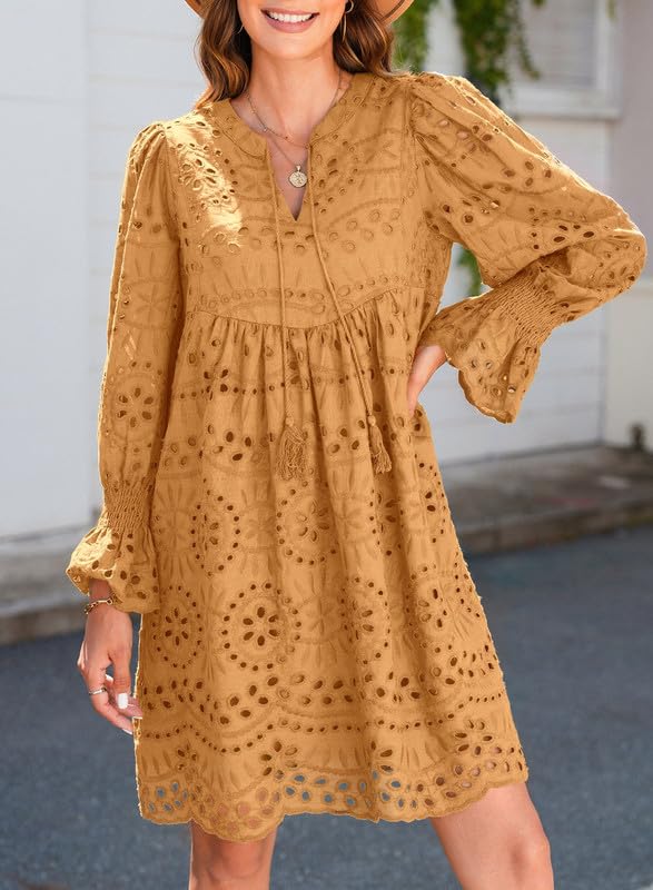 Image of Dokotoo Womens 2026 Boho Dress Tassel V Neck Long Sleeve A Line Casual Hollow Out Lace Ruffle Party Dresses