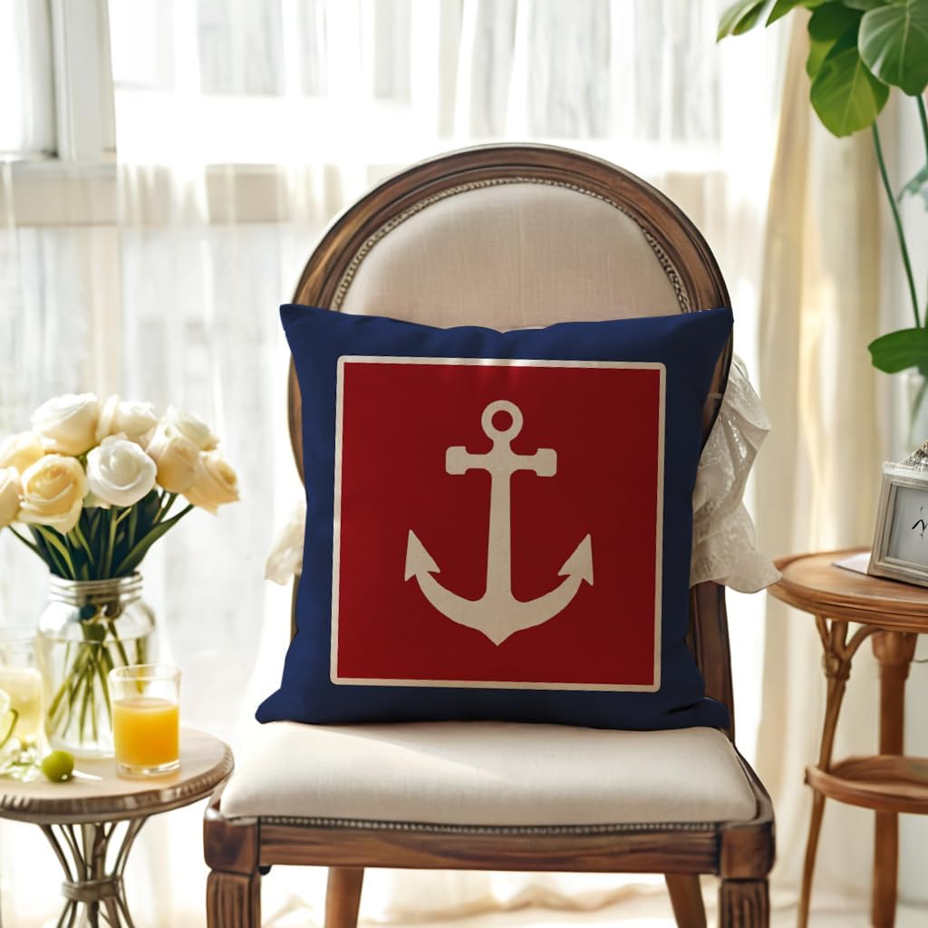 Summer Nautical Throw Pillow Covers Anchor Sailboat Compass Rudder Coastal Ocean Decorative Pillow Cases Navy Blue Home Decor Cushion Covers 18x18 Inches 4Pack for Couch Sofa Porch (Navy/Red) - Image 2