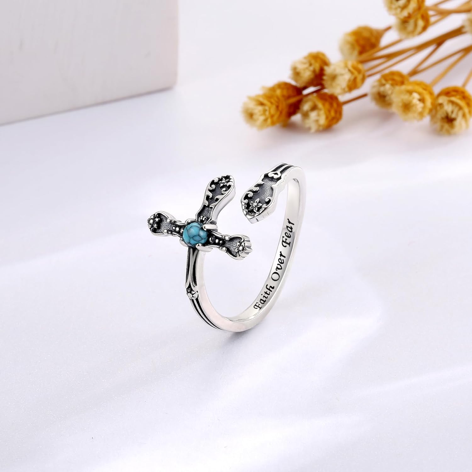 Vintage Cross Spoon Ring 925 Sterling Silver - Antique Turquoise Faith Thumb Rings Victorian Style - Inspirational Jewelry Gifts for Women