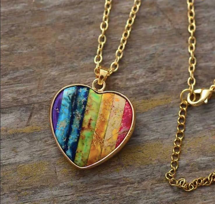 Gold Tone Metal Natural Stone Rainbow Heart Gay Pride Gift for LGBTQ Men Women on 20" inch Pendant Necklace - Image 4