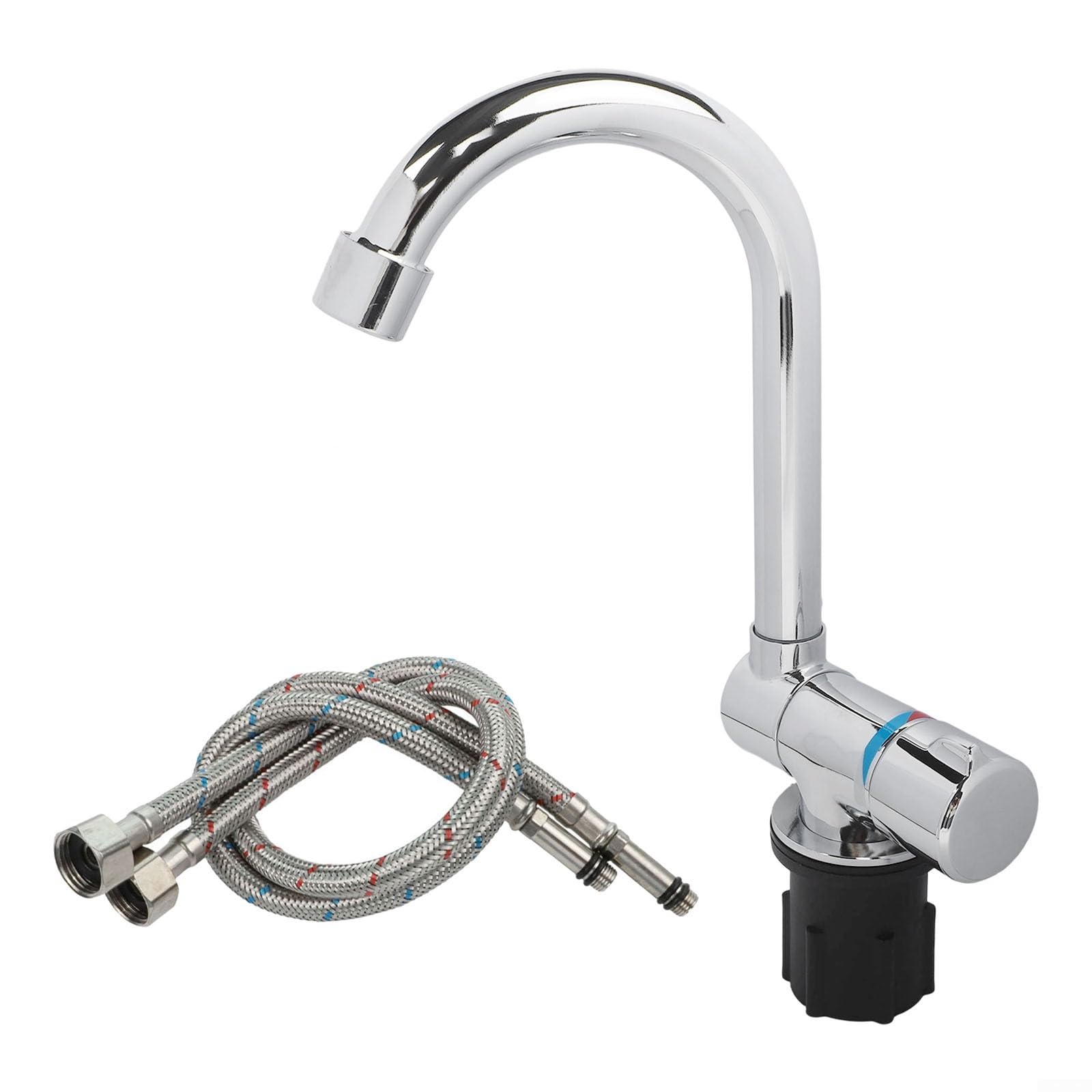 Grifo plegable para caravanas, autocaravanas, cobre y cromo, giratorio 360°, plegable 180°, grifo de agua caliente y fría, ahorro de espacio, para camping, barco, cocina, baño, plata