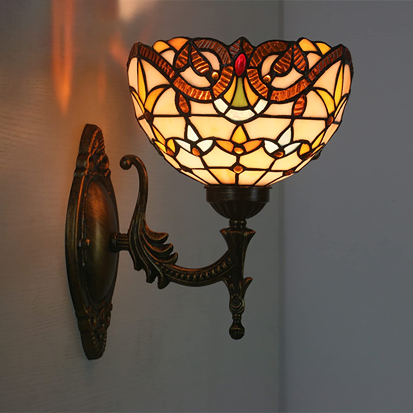 NHPJFDC 8 Inch Mini Tiffany Wall Sconce, Pastoral/Baroque/Mediterranean/Cream Amber Bead Style Stained Glass Wall Light, Handicrafts Wall Lamp For Hotel Room Corridor Library