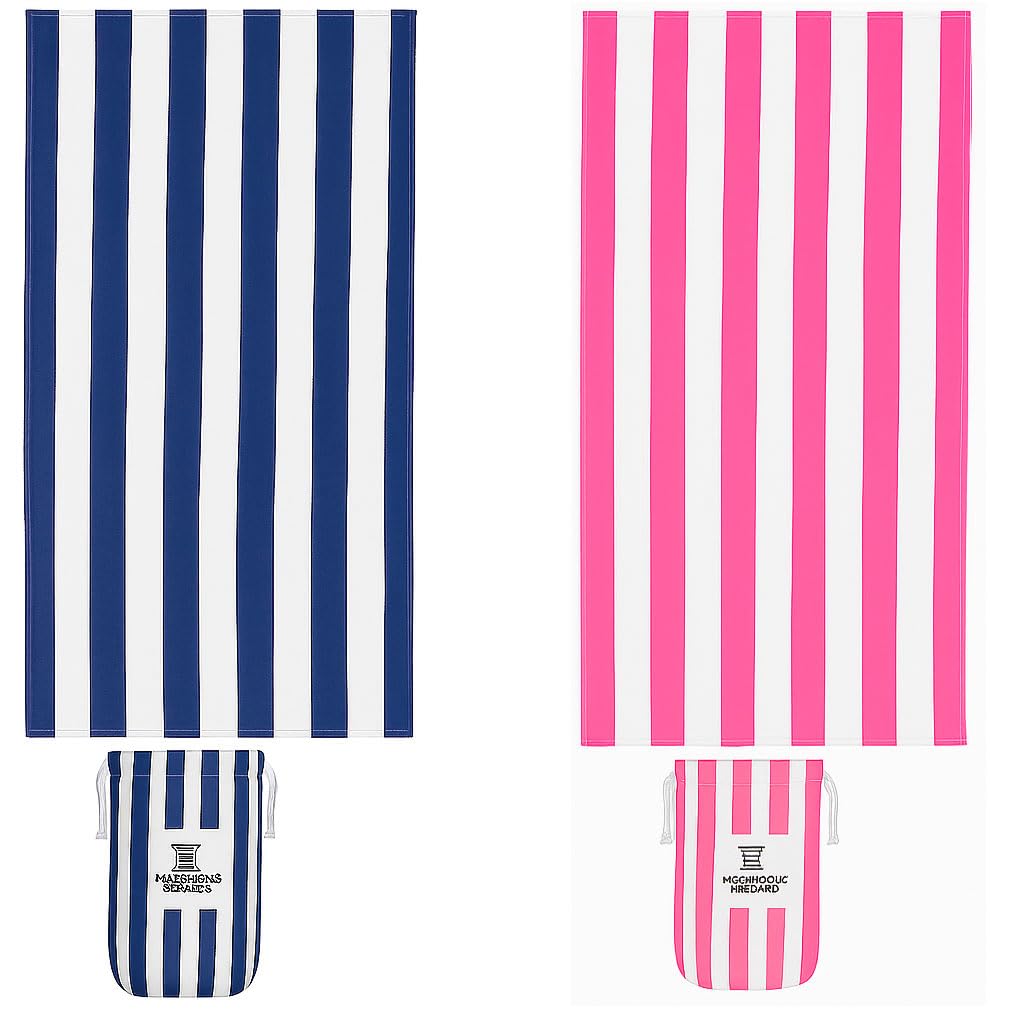 2 Pack Large Beach Towels for Adults Highly Absorbent Cabana Microfibre Pool Towel with Bag Double Sided Print Lightweight Sand Free Bath Towel for Pool Campaign (180x90cm) Pink & Dark Blue Set of 2