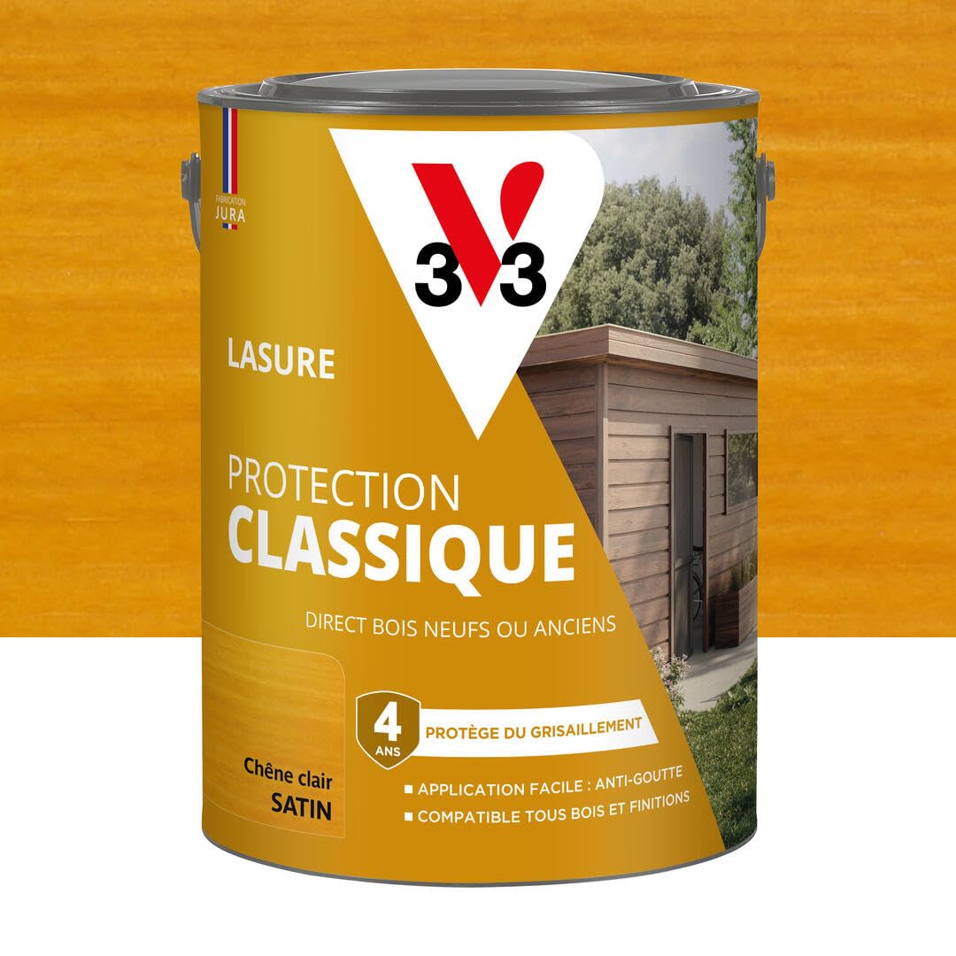 V33 Lasure Bois extérieur Chêne clair - Protection Classique 4 ans - Protège du grisaillement - Direct bois neufs ou anciens - Texture anti-​goutte - 5L