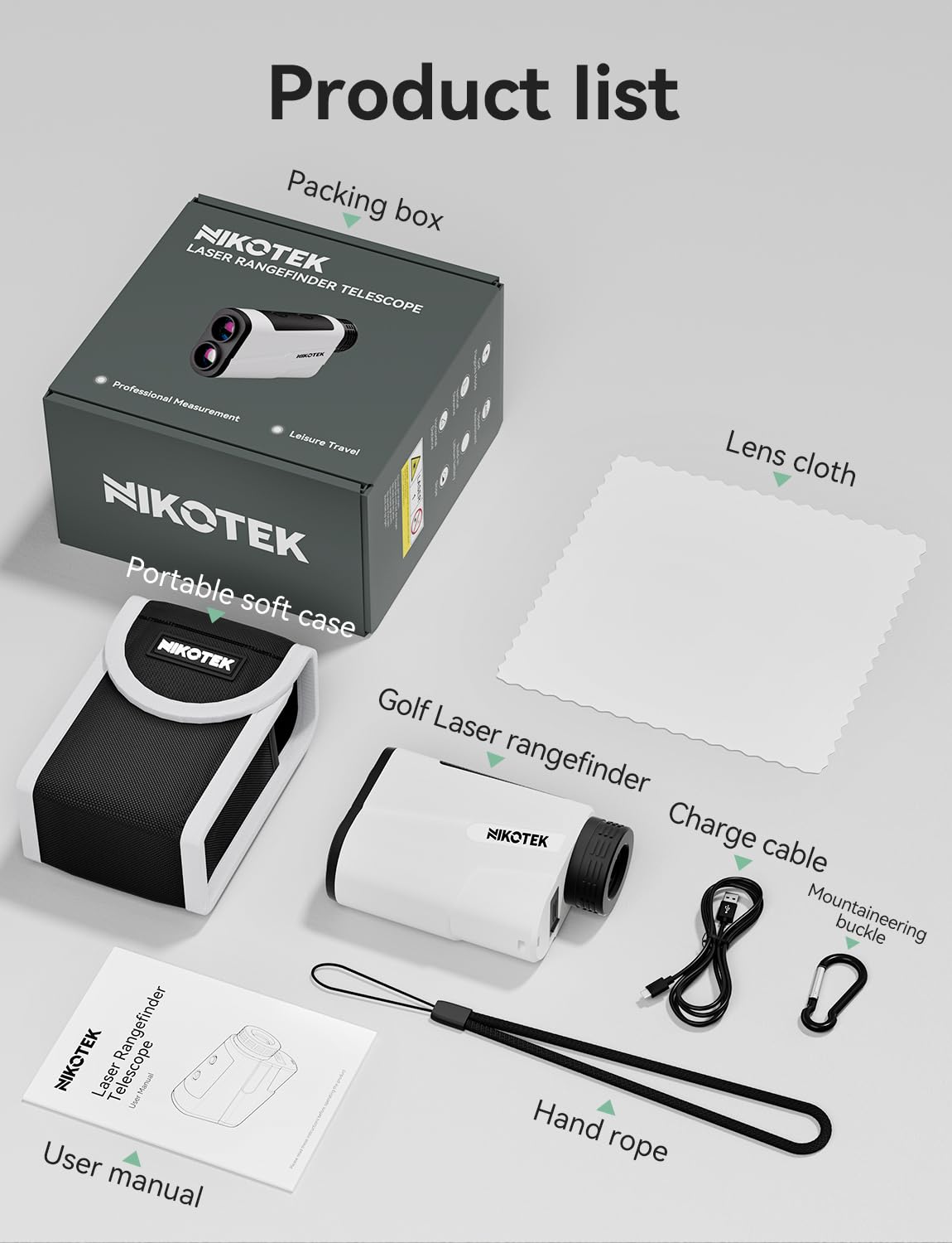 NIKOTEK Télémètre de golf avec inclinaison, 1000 m/1093 yards, télémètre rechargeable, verrouillage de drapeau, mesure de scan pour golfeur, sac de transport