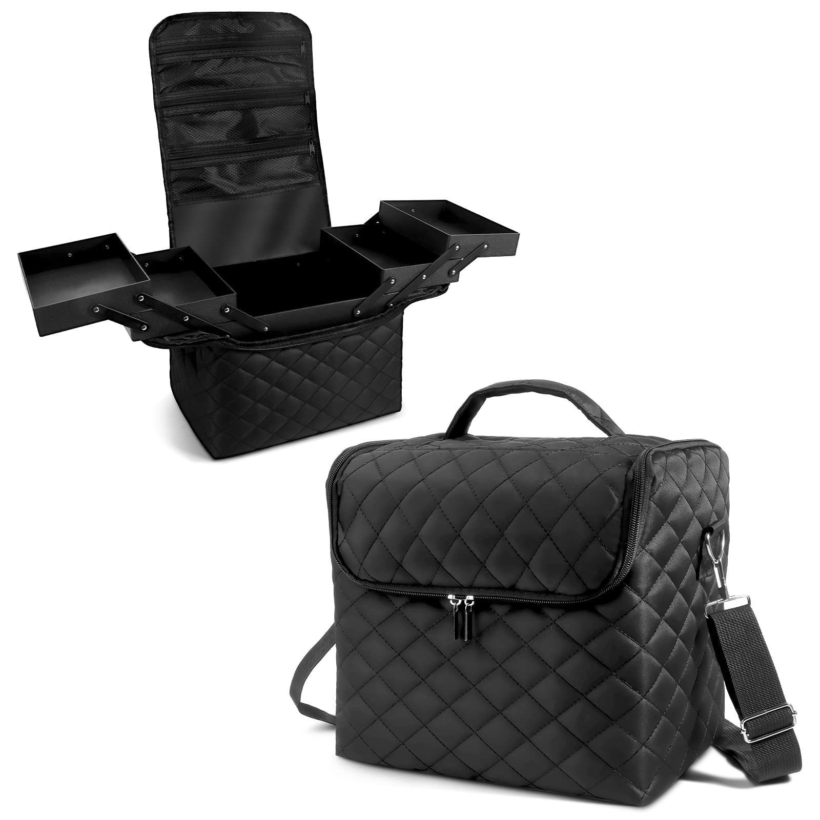 Nail Polish Organizer Case, Large 4 Trays Makeup Case Organizer, Travel Makeup Train Case Bag, Cosmetic storage Box with Strap, Nail Polish Organizer Carrying Case for Nail Tech Makeup Tools-Black