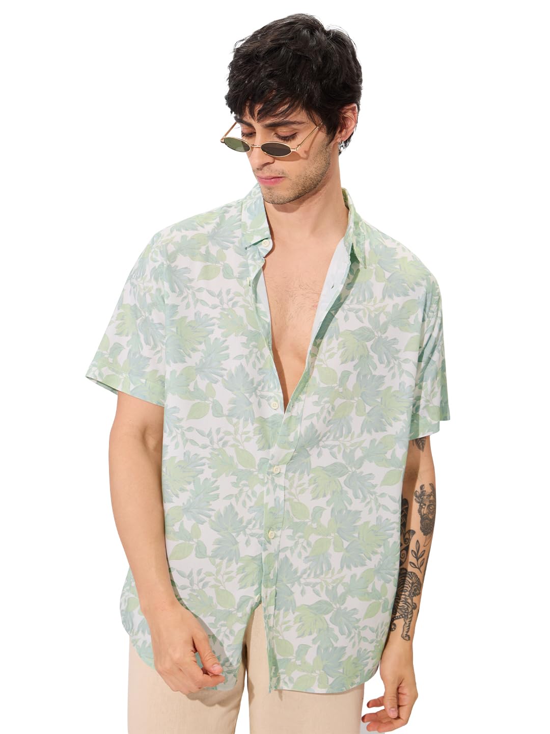the souled store Botany Men and Boys Short Sleeves Collared Neck Button Front Green All Over Printed Rayon Holiday Shirts-picture-14