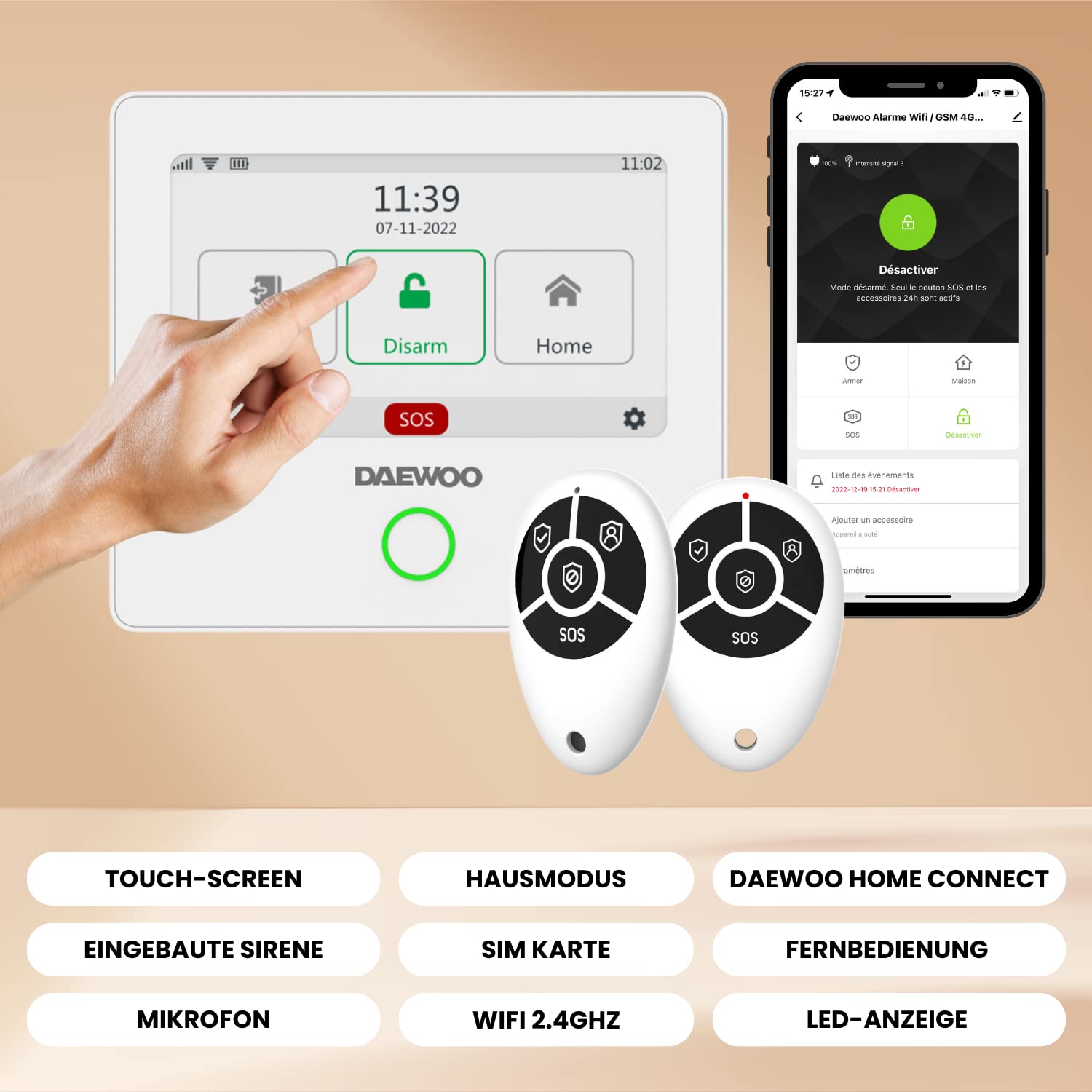 Détecteur de fumée connecté WSD301 Compatible avec la Centrale Tactile Daewoo Security AM301, détection de fumée au Sein de Votre Domicile