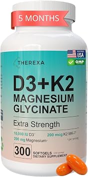 Vitamin D3 K2 10000 IU Magnesium Supplement - Extra Strength with 10,000 IU Vitamin D3 + K2 MK-7 200 mcg and Magnesium Glycinate Supplements Complex - 300 Softgels
