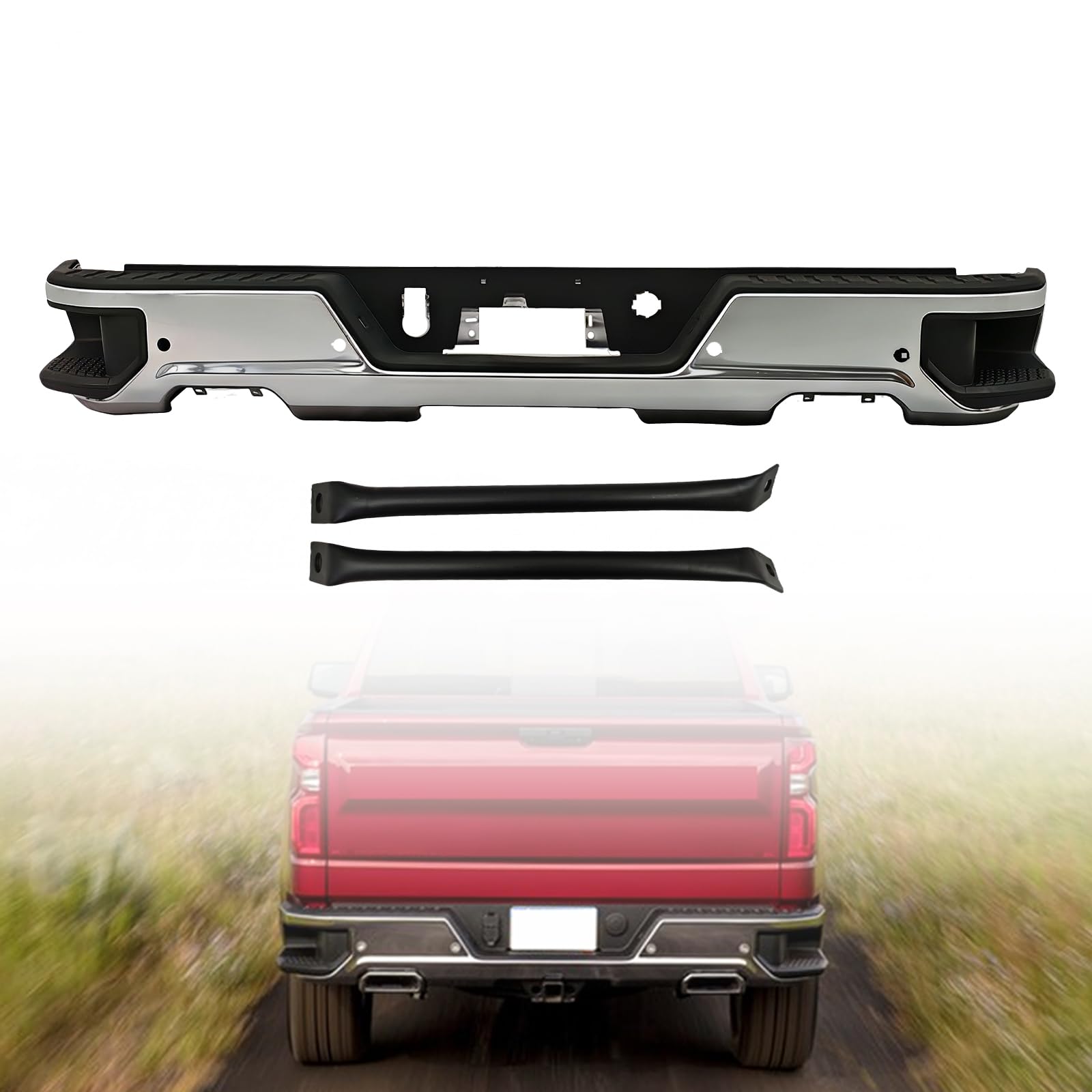 Rear Step Bumper Assembly for 2019-2024 Chevy Silverado 1500 | Chrome Steel with Dual Exhaust,with Park Assist Holes | for Dual Exhaust Models Only | Replaces GM1103219