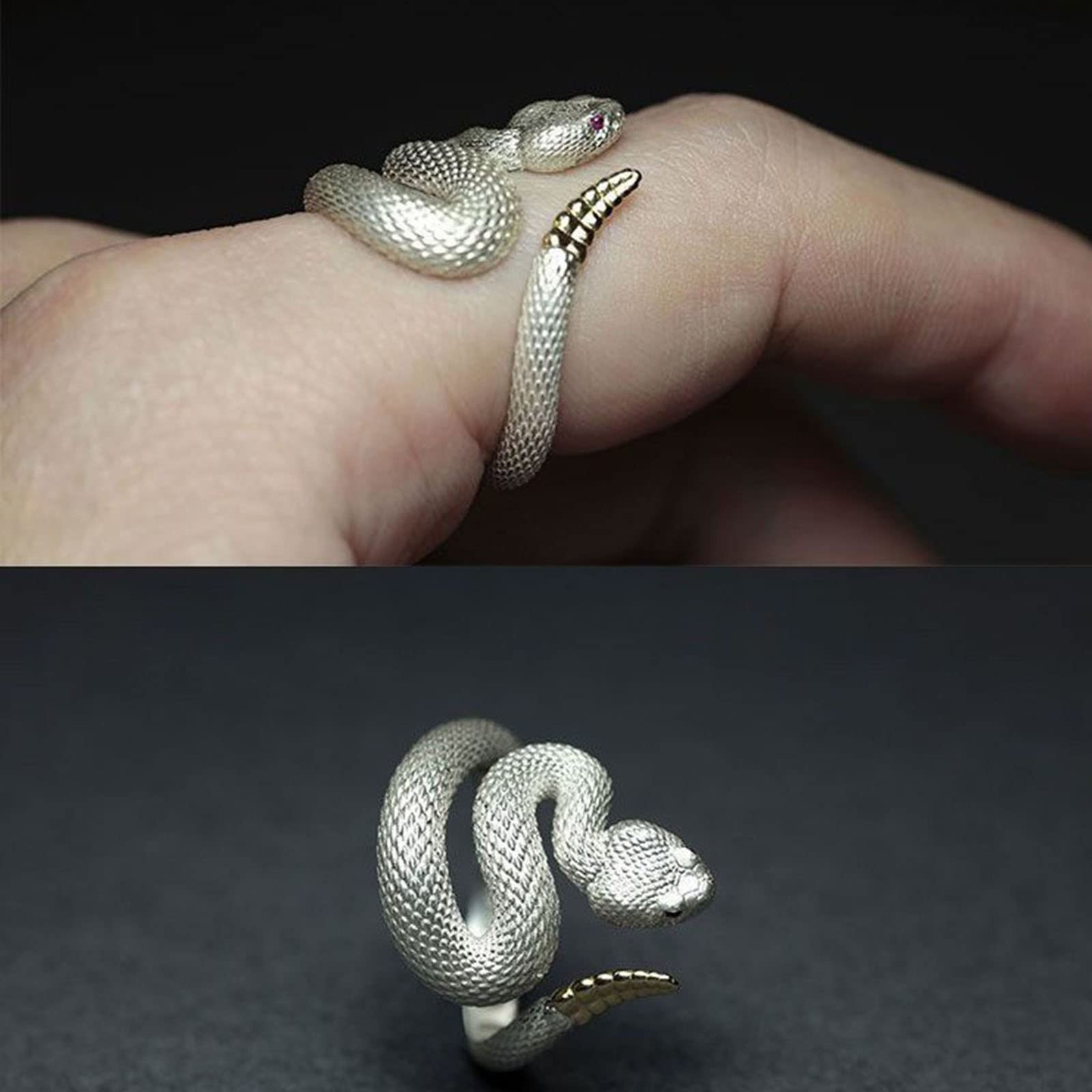 jiingekk Rattlesnake Ring for Women Men Retro Silver Color Snake Female Ring Adjustable Punk Ring Goth Couple Jewelry Gift