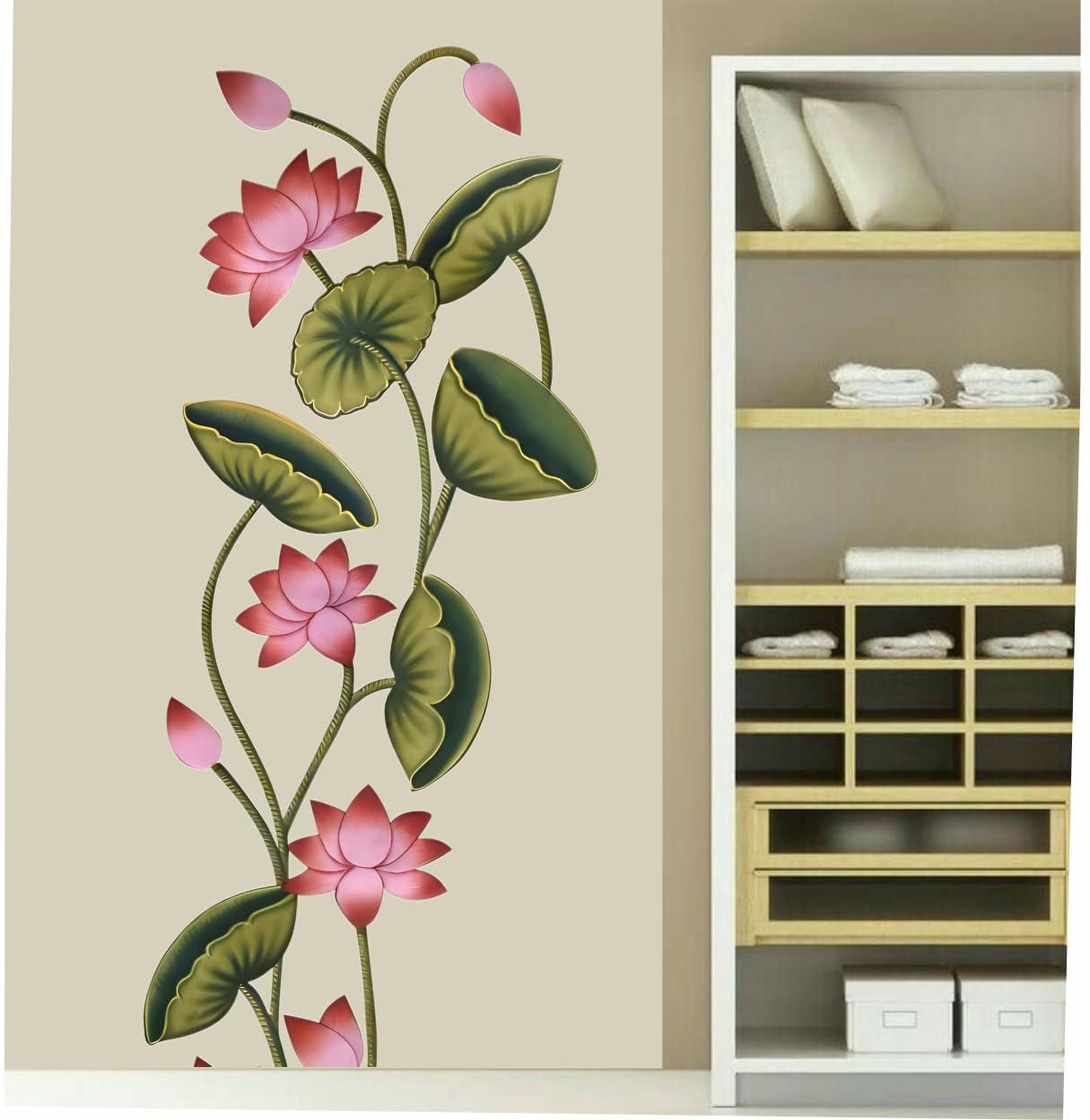 Lotus Flower Wall Sticker for Home Decor | Vertical Floral Wall Decal with Leaves | Elegant Nature Wall Decoration for Living Room Bedroom (65 x 32 cm)-image-11