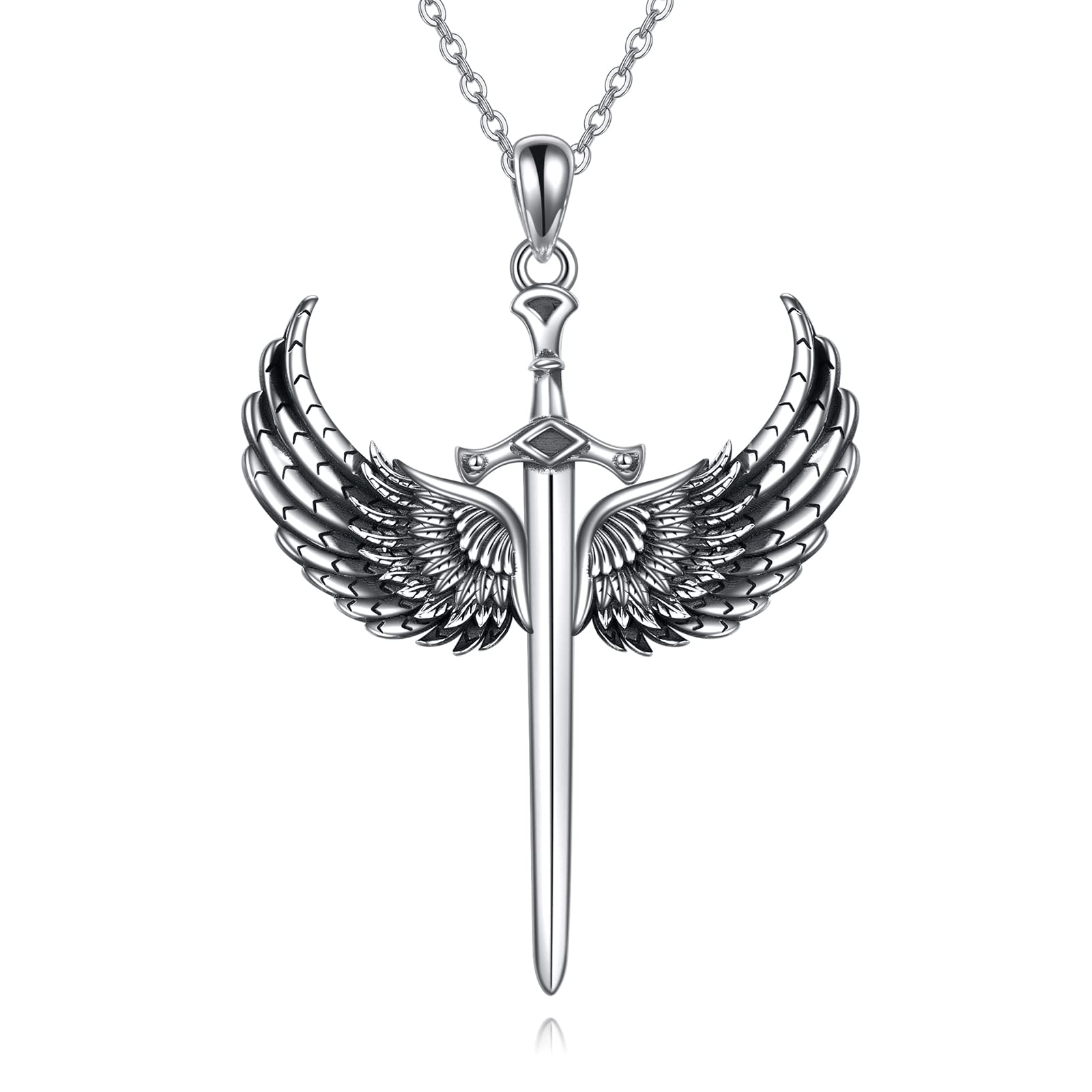 AXELUNA Angel Wings Sword Cross Pendant Necklace Sterling Silver Sword Jewelry For Women Men