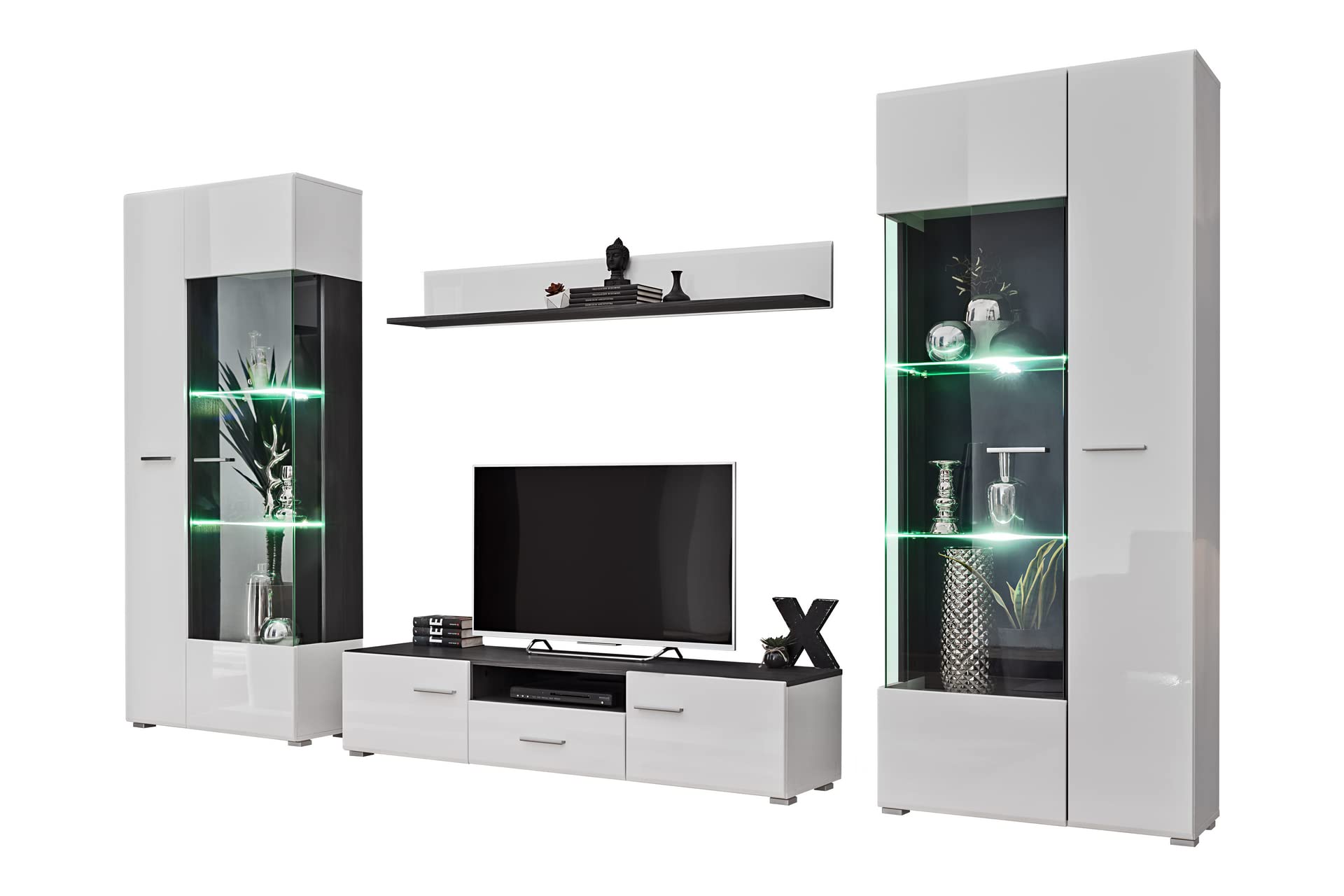 Generisch Wohnwand SOLIDO Twin Wohnzimmerset TV Wand Weiß Hochglanz Anbauwand Wohnzimmer Fernsehwand