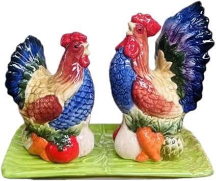Ceramic Rooster Salt and Pepper Shakers Set with Tray, Hand Painted Farmhouse Kitchen Decor Spice Shakers