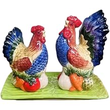 Ceramic Rooster Salt and Pepper Shakers Set with Tray, Hand Painted Farmhouse Kitchen Decor Spice Shakers