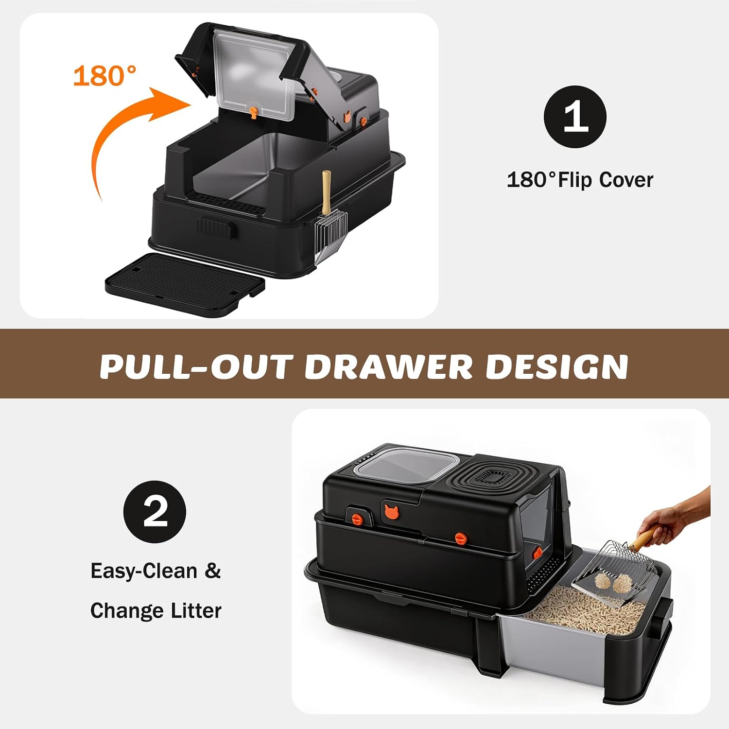 Stainless Steel Litter Box with Lid: XL Extra Large Cat Litter Box for Big Cats, Enclosed Kitty Litter Boxes with Drawer, High Sided Metal Cat Box with Scoop, Front & Top Entry, Odor Free, Non-Stick image 3