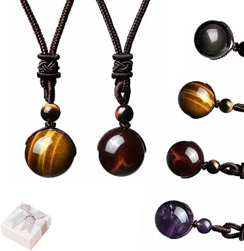 EVLRON Royale TigerEyeronic Necklace, EVLRON TigerEyeronic Necklace, Tiger Eyeronic Necklace, Tiger Eye Necklace,Black Obsidian Tiger Eyes Stone Necklaces with Adjustable Braided Rope Cords 2Pcs-A