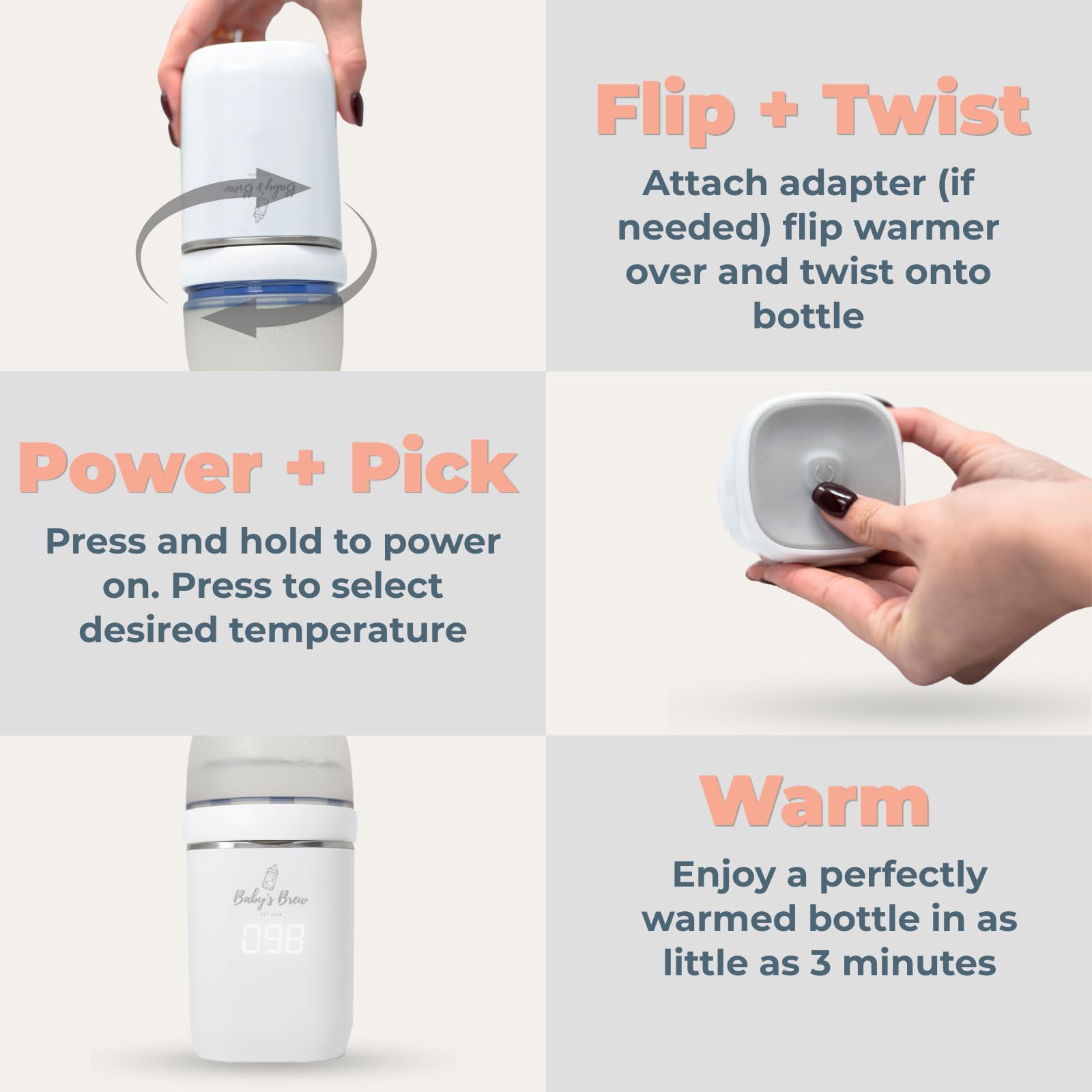 Baby's Brew Warmers 3.0 – Chauffe-Formule Portable pour Voyage, Deux Modes de Chauffage – Réchauffe Le Lait Maternel, la Formule et l'eau, Anti-Fuite, Technologie de capteur Intelligent, sans BPA