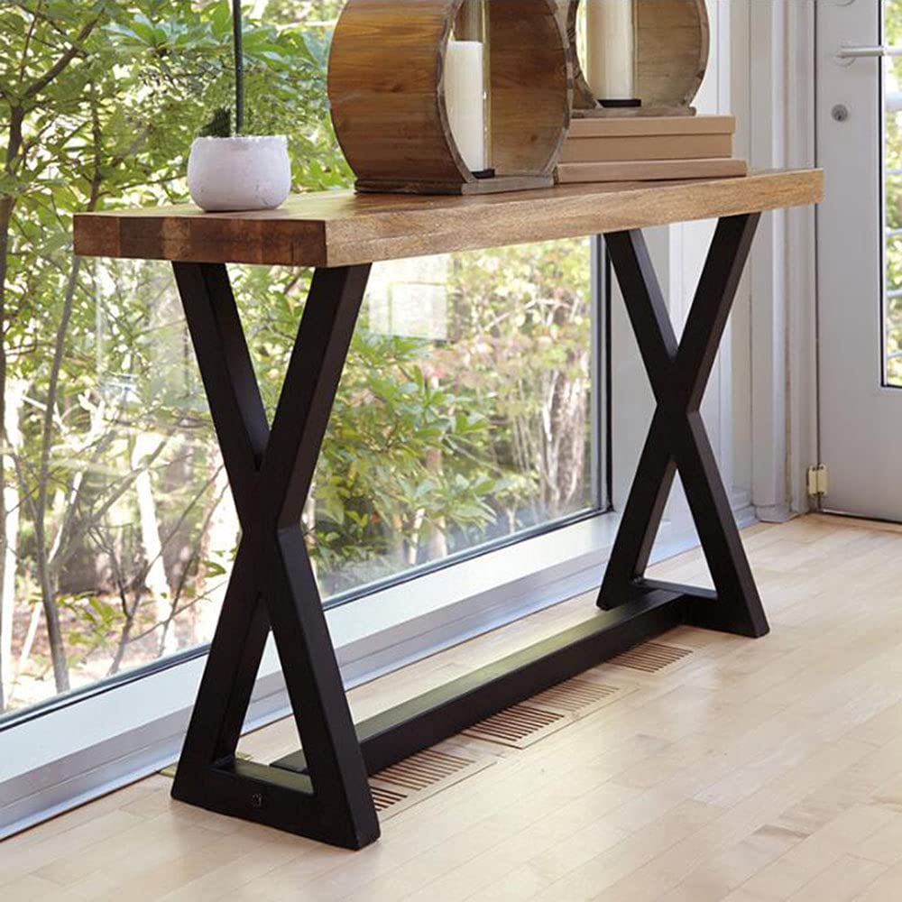 Console étroite noire avec dessus en bois et design en X – Bureau élégant pour couloir, salon, chambre à coucher, table d'appoint polyvalente (120 x 35 x 78 cm)
