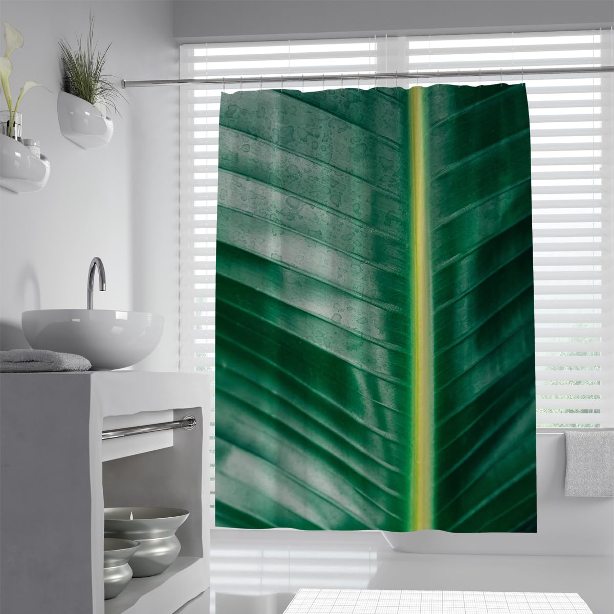 UIRINGART Tropical Banana Leaf Bath Curtain W90xL180cm Exotic Green Palm Frond Waterproof Mildew Resistant Bathroom Enclosure with Hooks