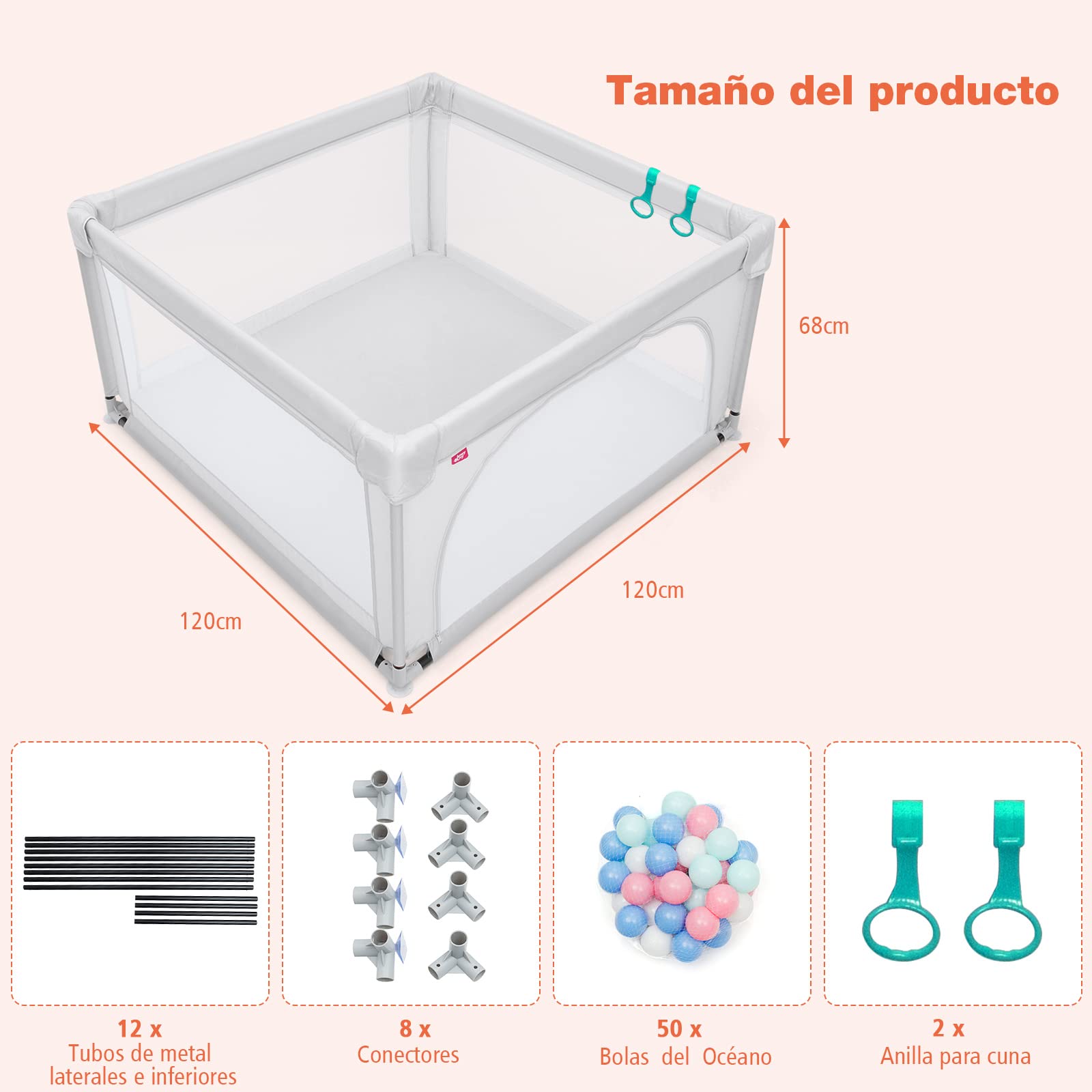 COSTWAY Parque Infantil Bebe,120x120x68cm, Corralito Bebe, Centro Actividad Portátil con Malla Transpirable, Parque de Juegos Bebé con Ventosas Antideslizantes, 50 Bolas y 2 Anillos (Gris)