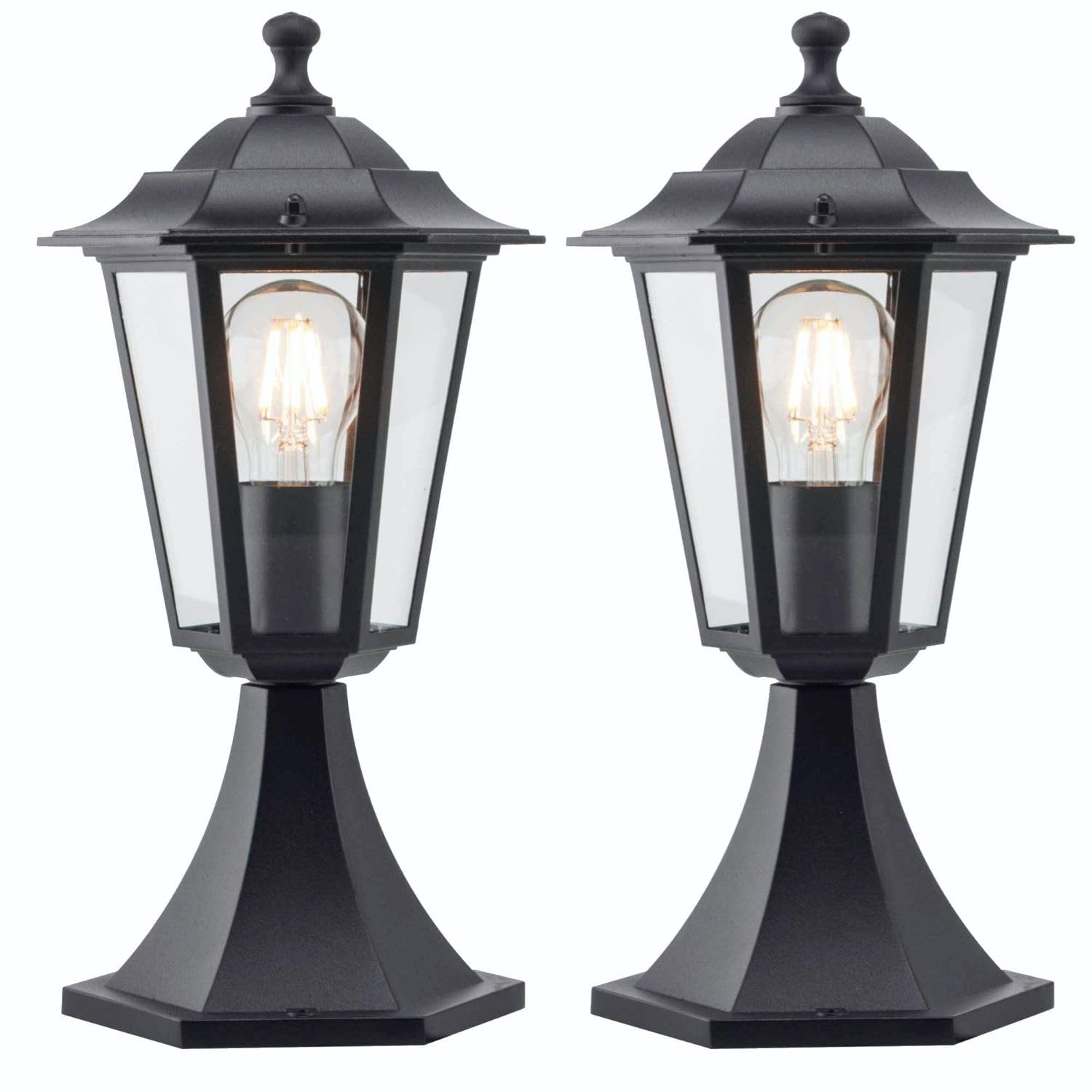 Firstchoicelighting Black & Clear Set Of 2 Modern Black Outdoor Post Lights, Garden Pedestal Lights, Six Sided Glass Lantern Design, Ip44 Rated, Compatible With Led Bulbs