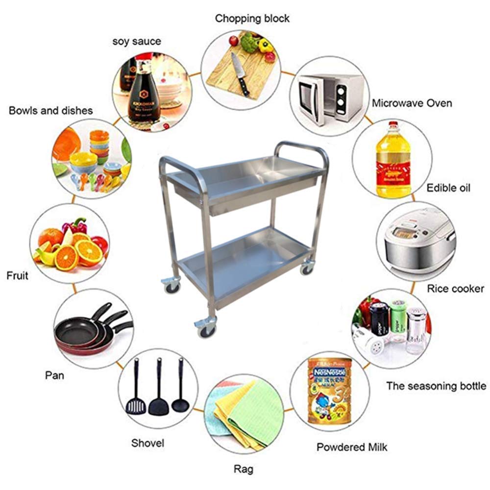 Carrello portavivande in Acciaio Inox a 2 Ripiani con Ruote, Carrello da Cucina, Carrello da Portata, ripiano portaoggetti per Catering con Ruote bloccabili per Hotel, ristoranti,