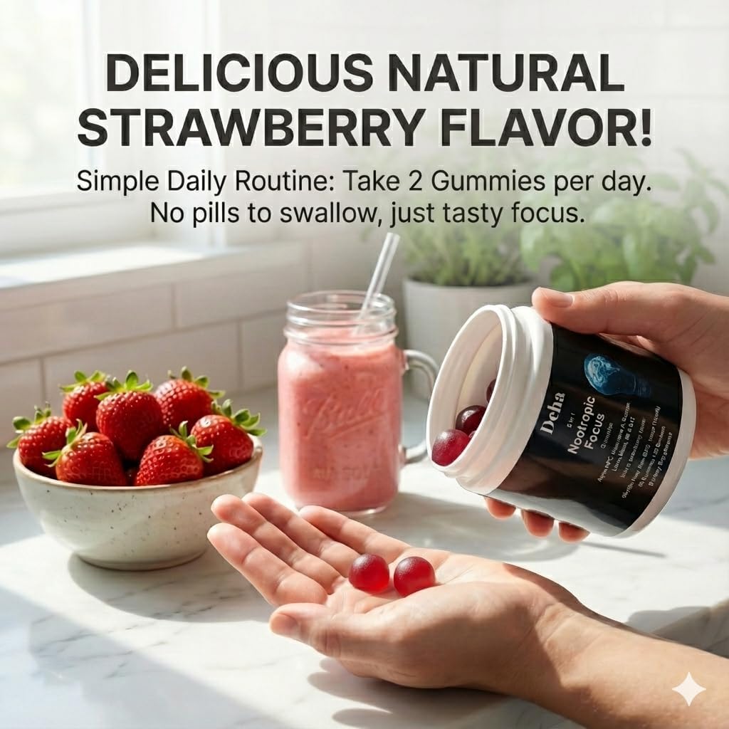 Deha Focus Gummies Nootropic Brain Supplement with Vitamin B6 Vitamin B12, Alpha GPC, Huperzine A, Bacopa Monnieri, Lions Mane Mushroom Gummies – Vegan, Non-GMO, Gluten-Free – 60 Gummies - Image 3