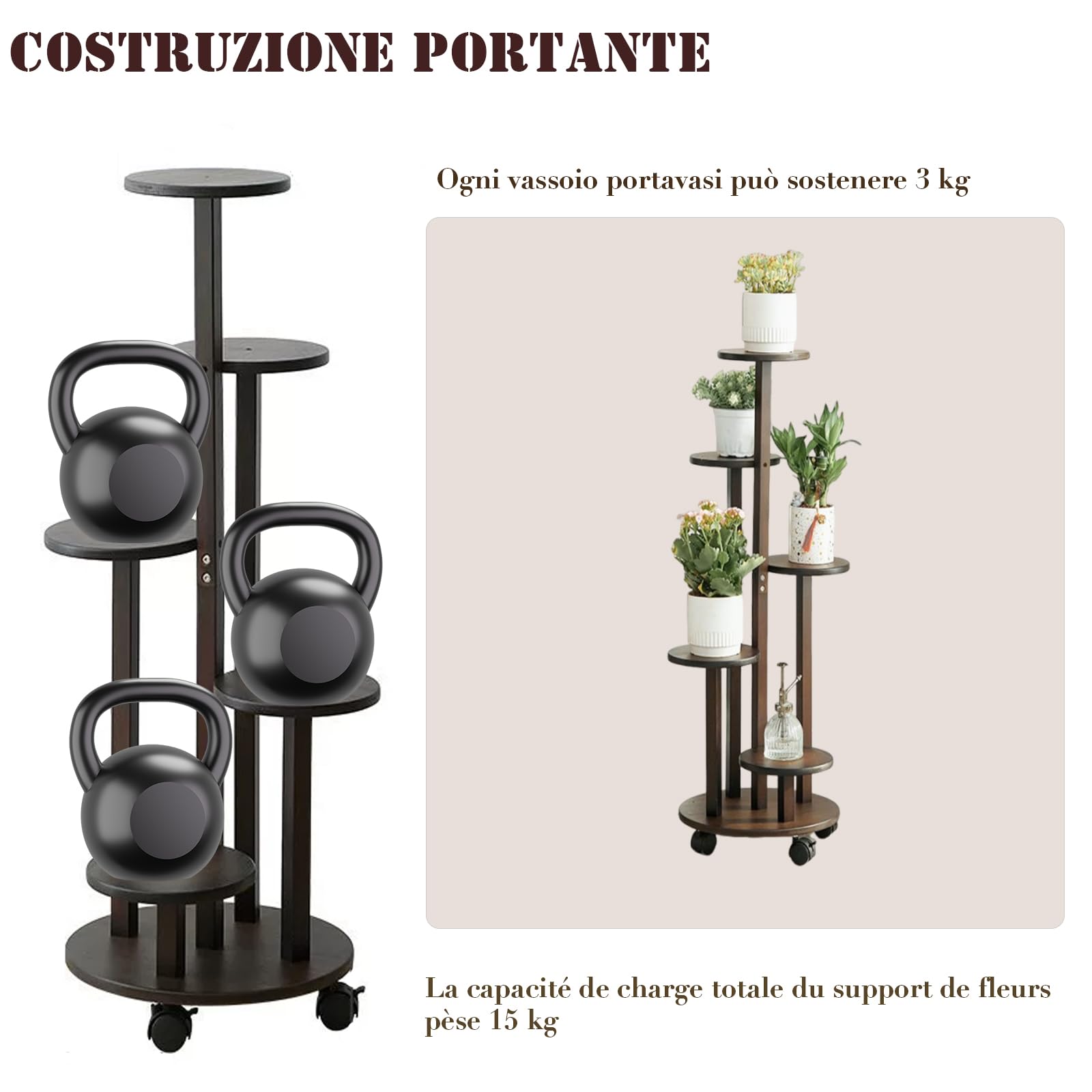 Porta Piante da Interno con Ruote, Scaffale 5 Livelli in Bambù Mobile 88 cm, Portavasi per Balcone, Giardino, Terrazzo, Supporto per Piante Reggivaso con Rotelle,Ø 31.5 cm (marrone)