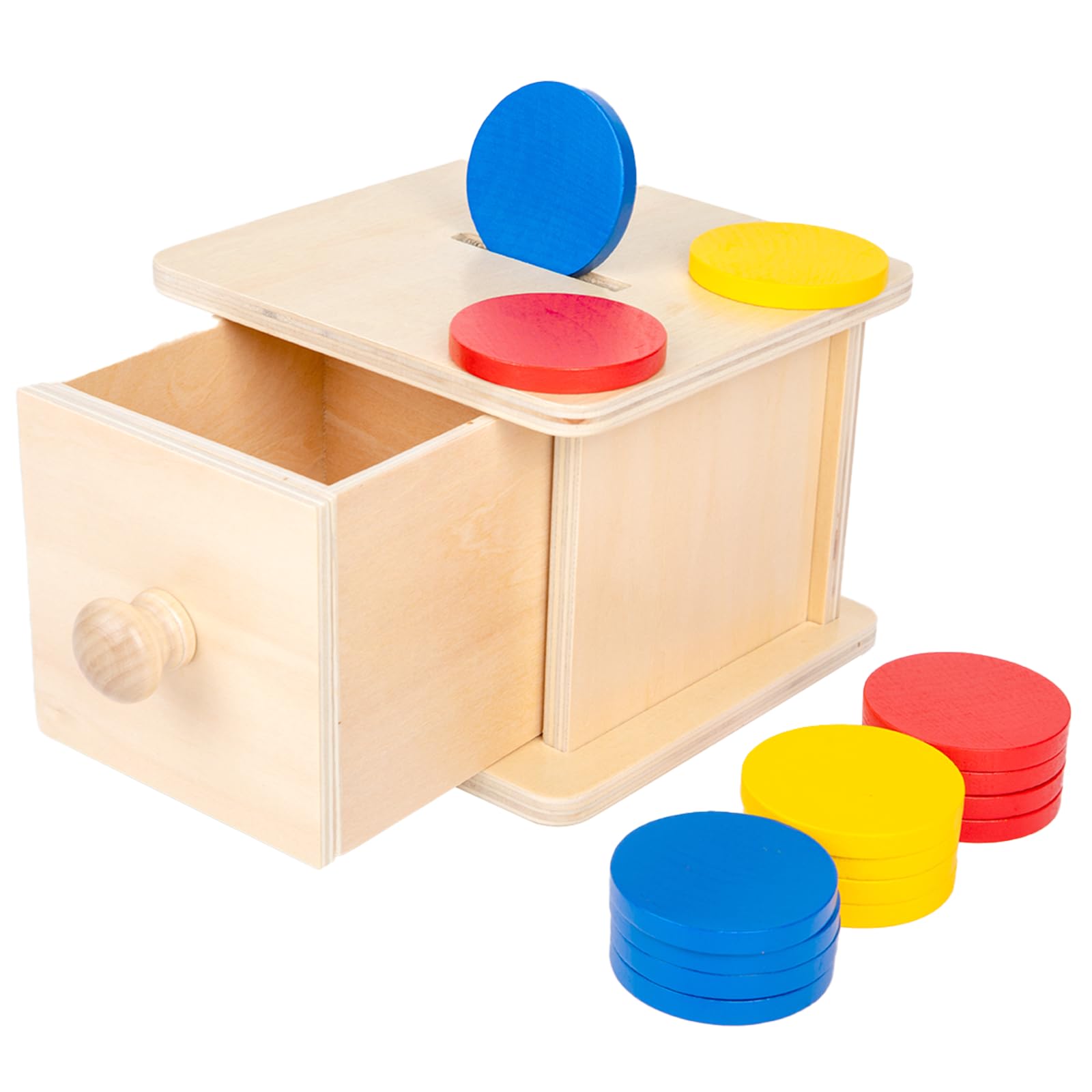 Adena Montessori Coin Box,Object Permanence Box Toys for 1 Year Old Baby Coins,Wooden Montessori Ball Drop Developmental Toys for 6-12 Month Infant,Learning Kids Gifts(Typical Drawer Comes Out)