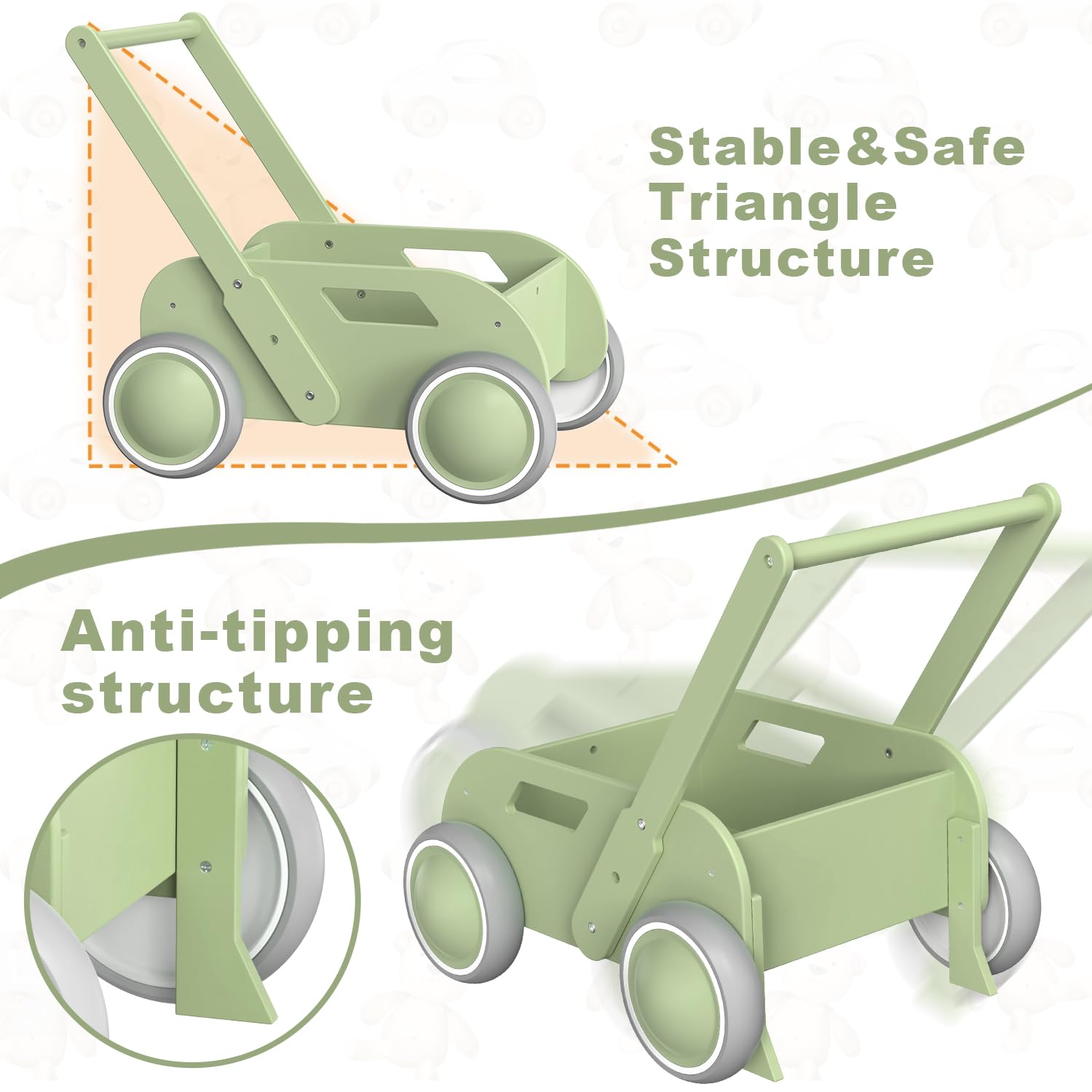 Andador Madera Bebé, Caminador Bebé para Niños y Niñas, Andadores para Bebes con Espacio de Almacenamiento, Regalo para Cumpleaños Navidad, Verde