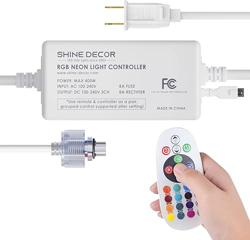 Shine Decor Controlador con control remoto, fuente de alimentación conectable macho-hembra para luces LED RGB de neón de 0.394 in de ancho x 0.787