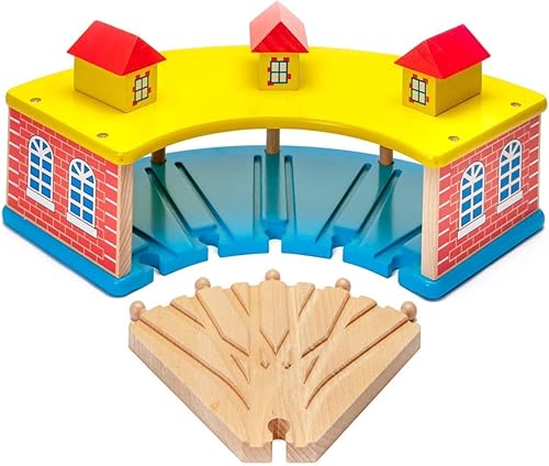 Miniatura 2 de maxim enterprise, inc. Casa redonda de tren de madera con pista de interruptor de madera de 5 vías, casas de cobertizo de tren 5 motores o