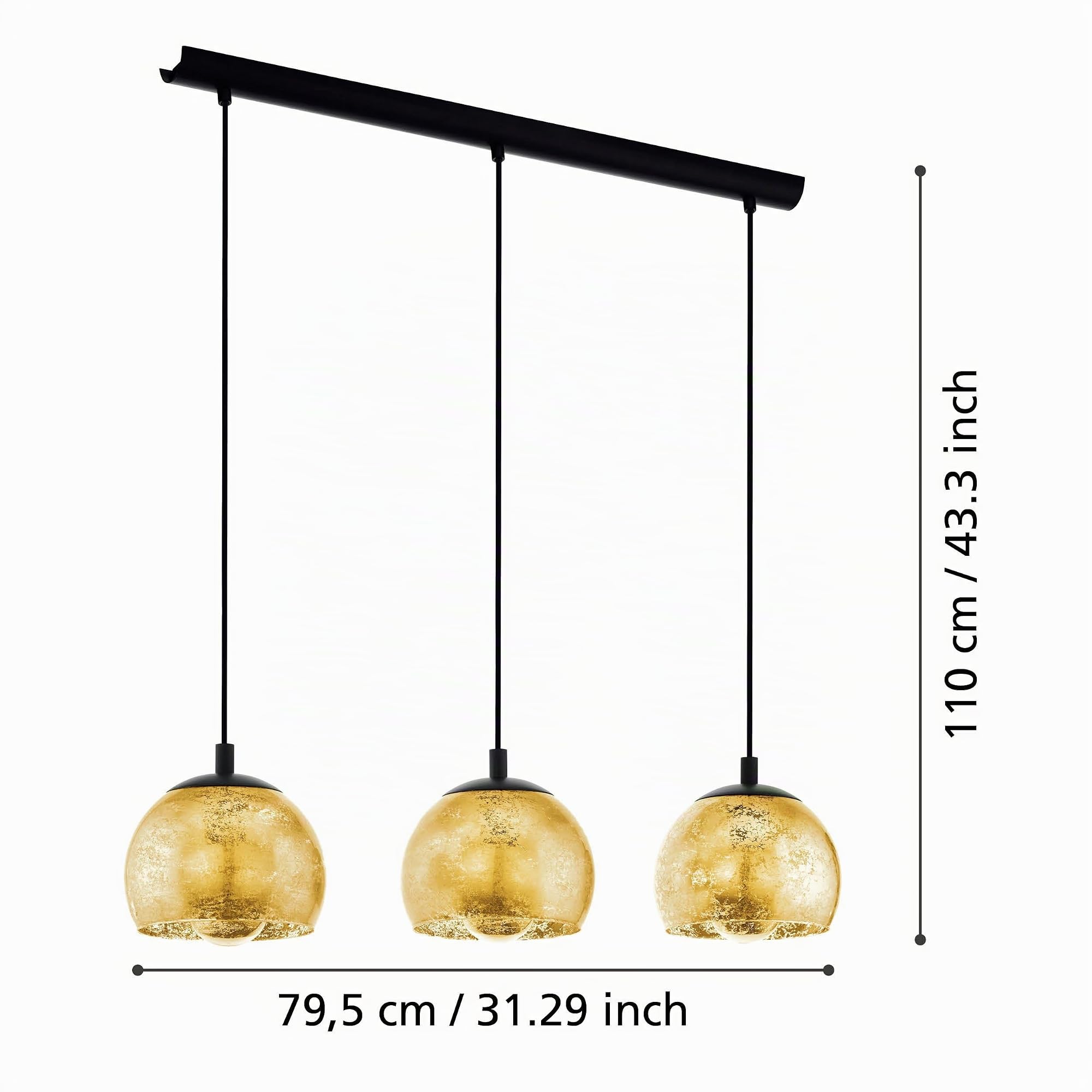 Eglo lámpara colgante Alabraccin, luminaria de techo de 3 luces para mesa | de comedor, luz pendiente de metal en negro y cristal en oro, iluminador de comedor colgante, E27, 78 cm