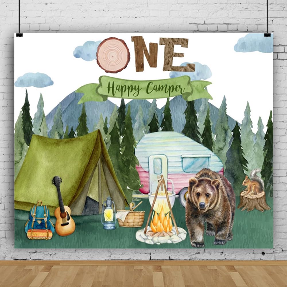 Bovlleetd Forest Camping Theme Backdrop One Happy Camper Birthday Party Decorations Tent Campfire Animal Adventure Photography Background Cake Table Banner 7x5ft