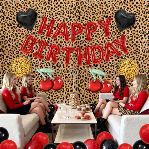 Image of Cheetah Print Birthday Party Decorations with Leopard Print Foil Fringe Curtains,Happy Birthday Letter Balloons, Heart,Cherry,Leopard Round Foil Balloons,Latex Balloons for Birthday Party Women Girl