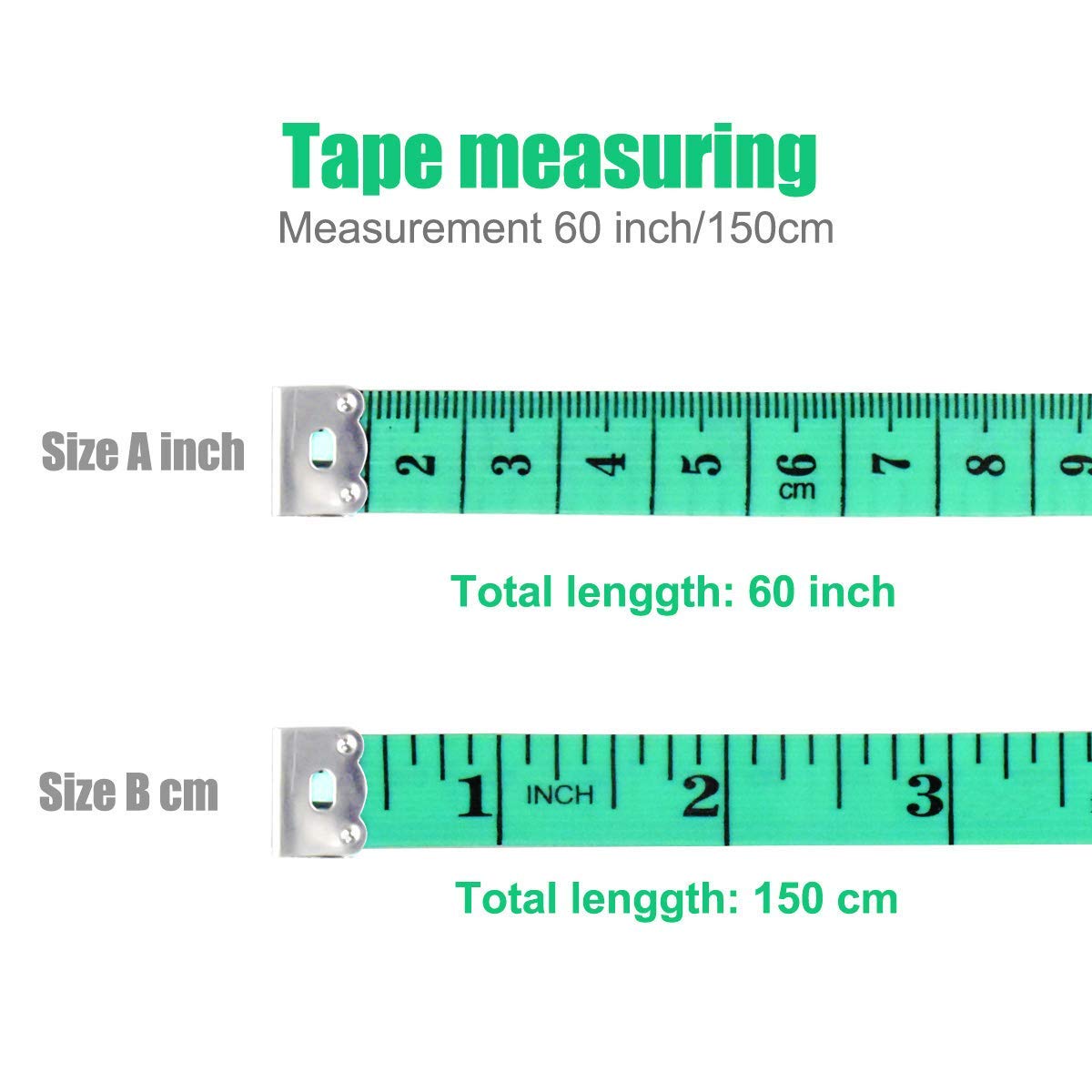 WINTAPE Metro Da Sarta Morbido A Doppia Scala 150 Cm - Righello In Tessuto Per Misurare Circonferenze, Perdita Peso, Cucito, Con Linguette Metalliche, Verde