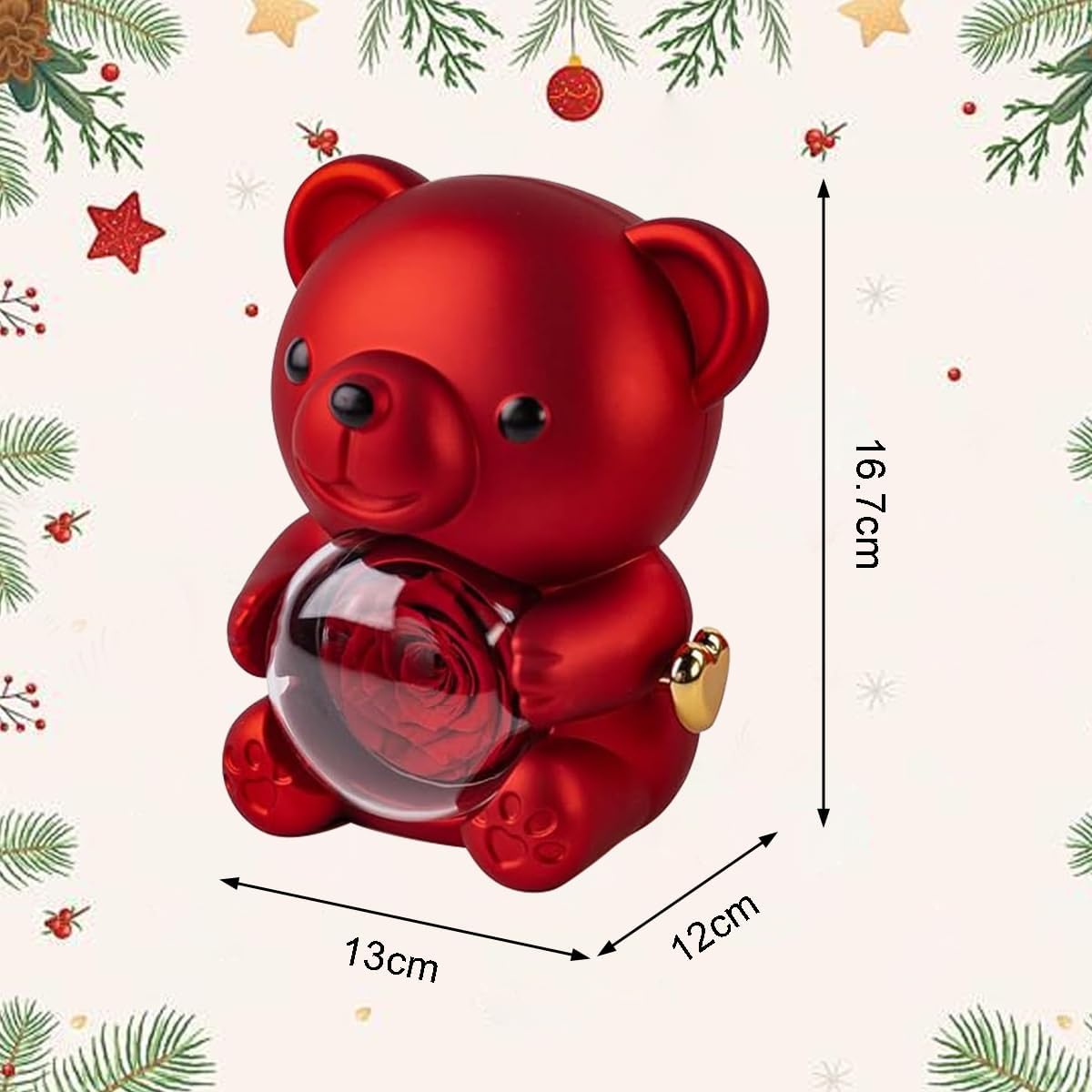 Teddy Bear with Preserved Rose and Necklace Bear with Preserved Flowers Rotating Box for Women Romantic Bear Roses Box Gift for Valentine's Day, Mother's Day,Weddings (red)