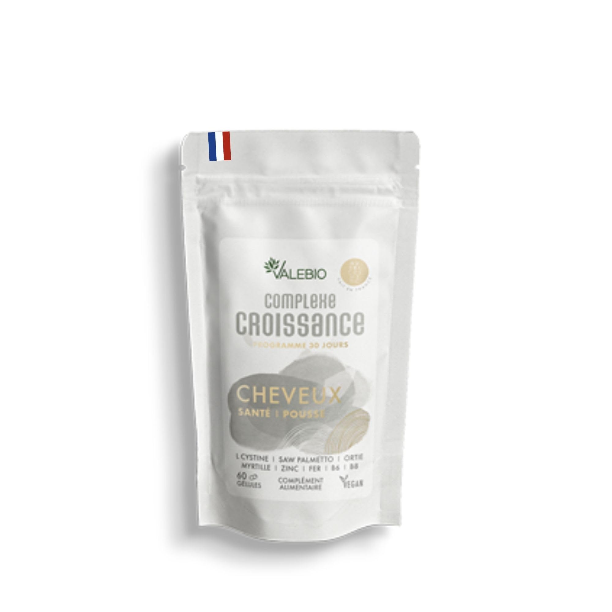 Complexe croissance cheveux | Pousse cheveux & anti chute | Biotine, ortie, L-​Cystine | Idéal contre les chutes de cheveux hormonales | 60 gélules, cure 1 mois | Valebio