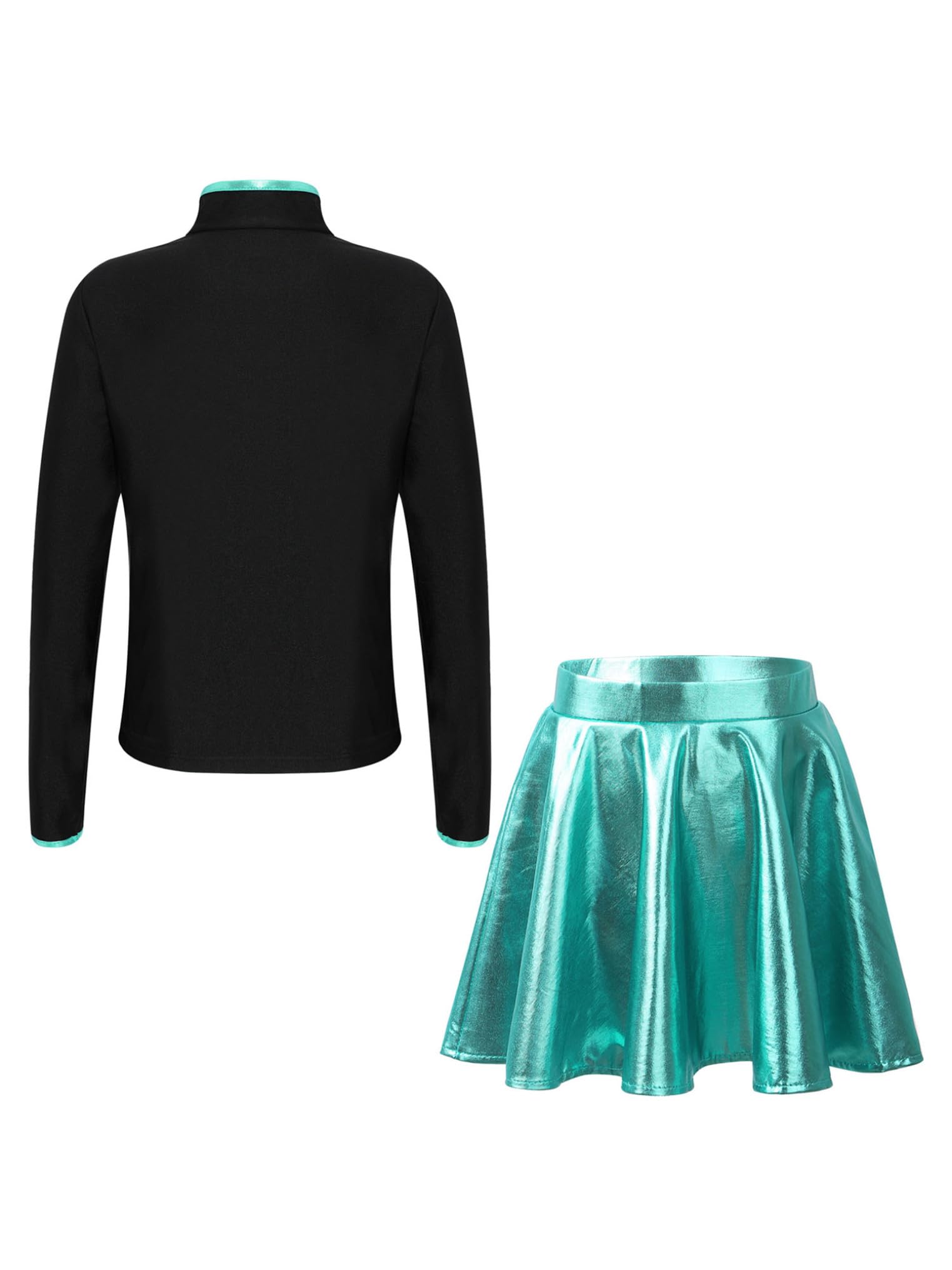 Yeahdor Girls Figure Skating Outfit Long Sleeve Shiny Ice Skating Jacket with A-Line Skirt Dancing Performance Costume Blue Green 16 Years