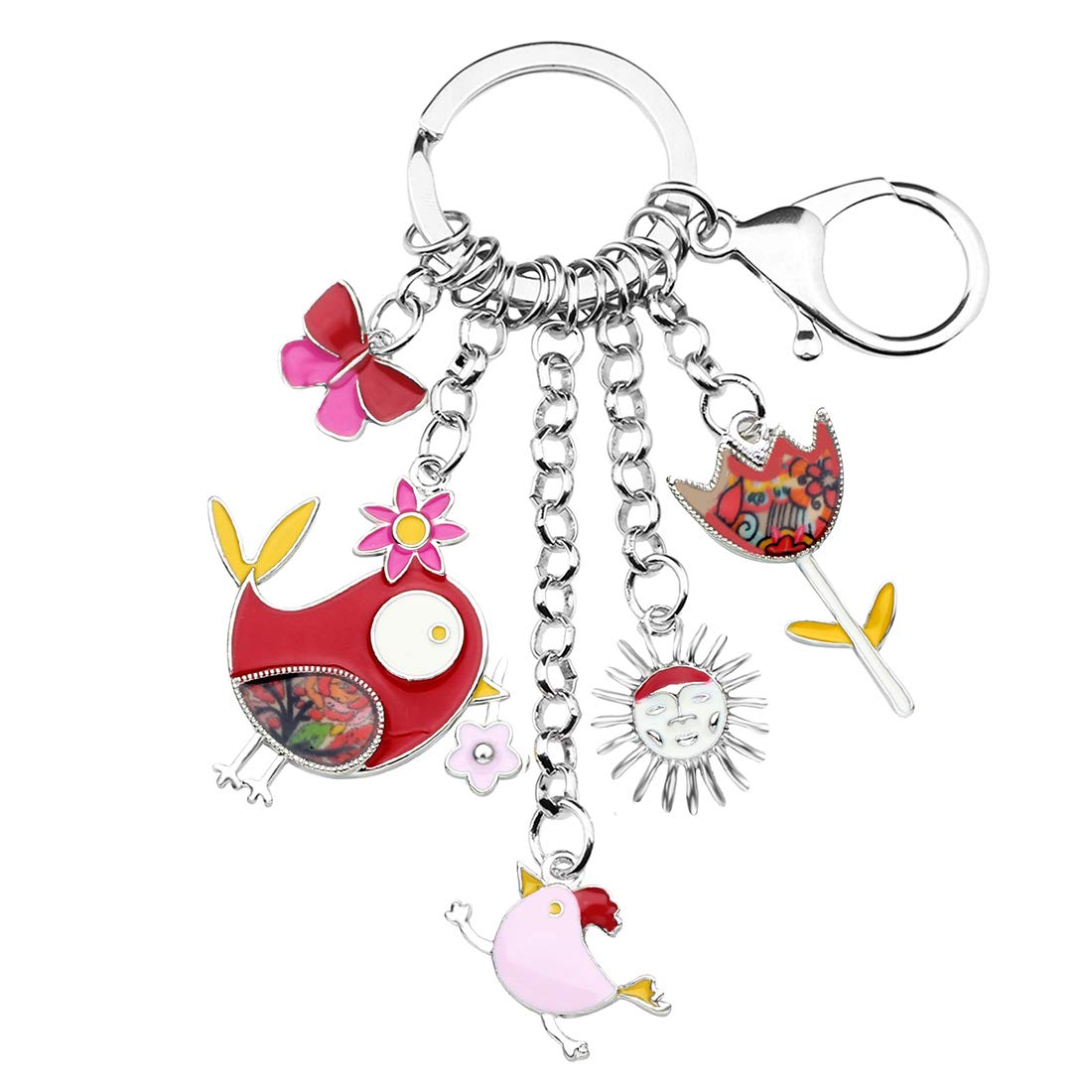 BONSNY Enamel Zinc Alloy Birds Flower Butterfly Car Key Chains For Women Charms (Red)
