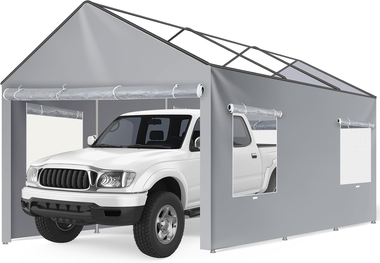 10x20ft Canopy Sidewalls Only Carport Frame Replacement Sidewall Cover with Roll-up Windows Doors, UV Resistant Waterproof All-Season Tarp with 40 Straps Ideal for Garage Storage, Gray