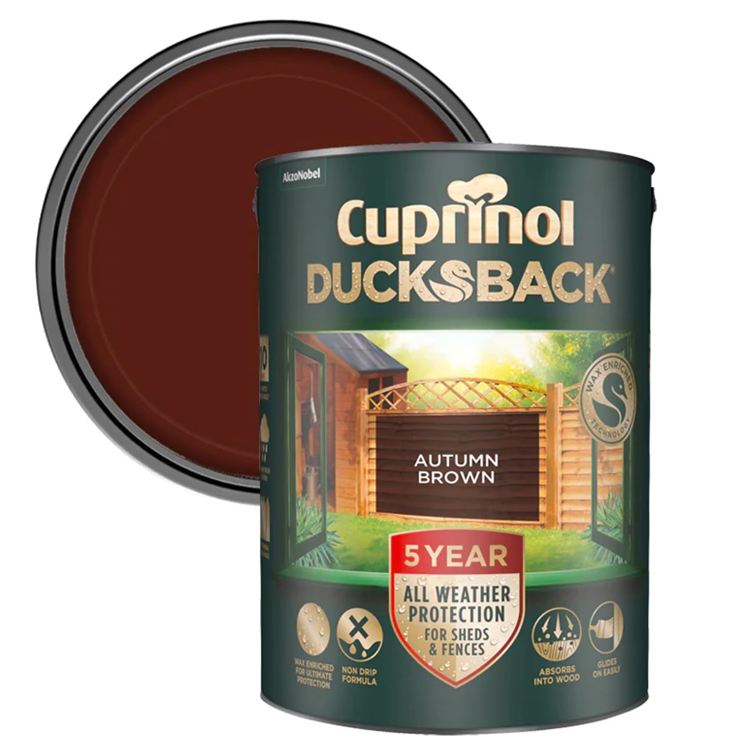 Cuprinol Ducksback Shed & Fence Paint Autumn Brown 5L – Cuprinol Fence Paint, 5-Year Weatherproof, Wax-Enriched Non-Drip Formula, Quick-Dry, Water-Repellent Exterior Wood Treatment